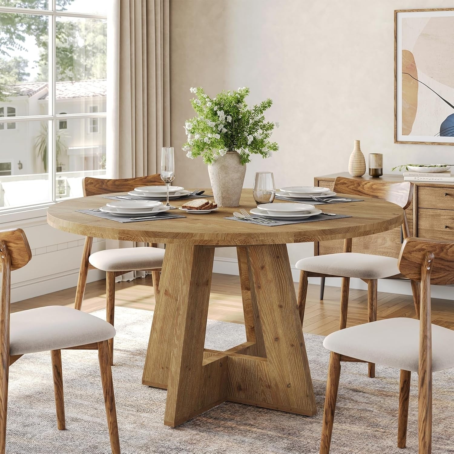 Solid Wood Round Dining Table 47 Farmhouse Kitchen Table For 4 6 Wooden Circle Dinner Table 47.24 L X 47.24 W X 29.53 H