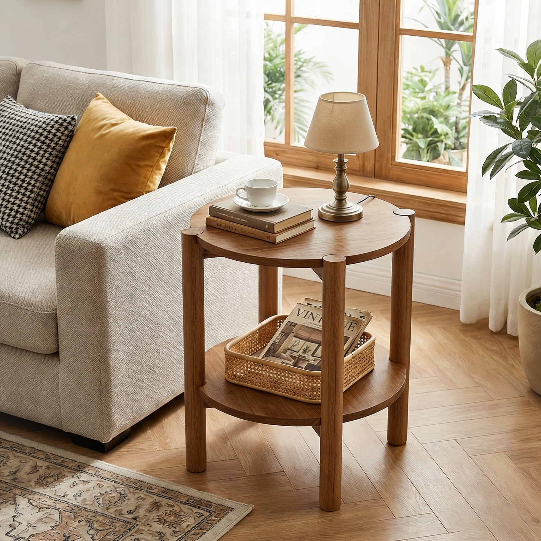 Solid Wood Round End Tables For Living Room Farmhouse 2 Tier Side Table 19.69 D X 19.69 W X 23.62 H