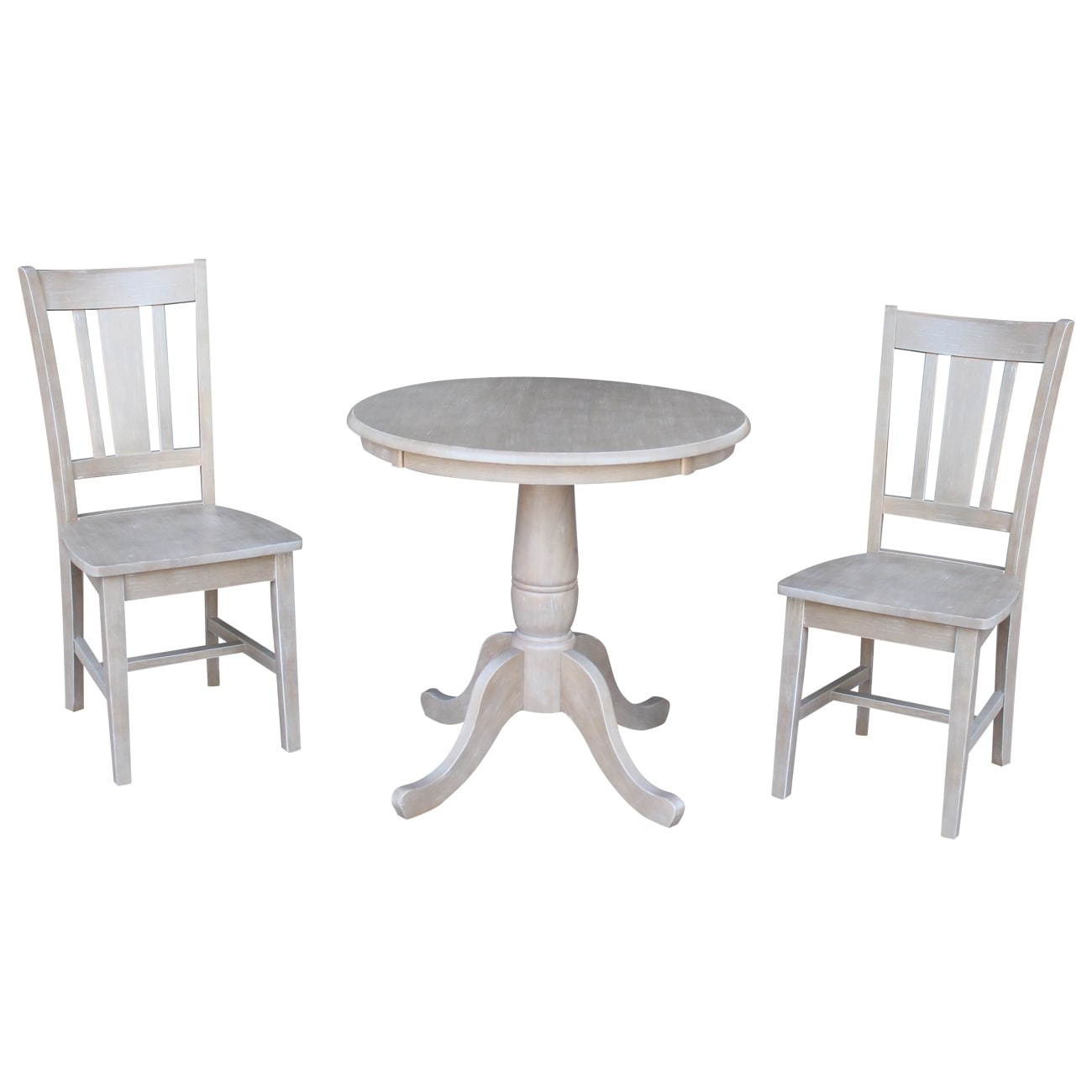 Solid Wood Round Pedestal Dining Table And 2 San Remo Chairs In Washed Gray Taupe
