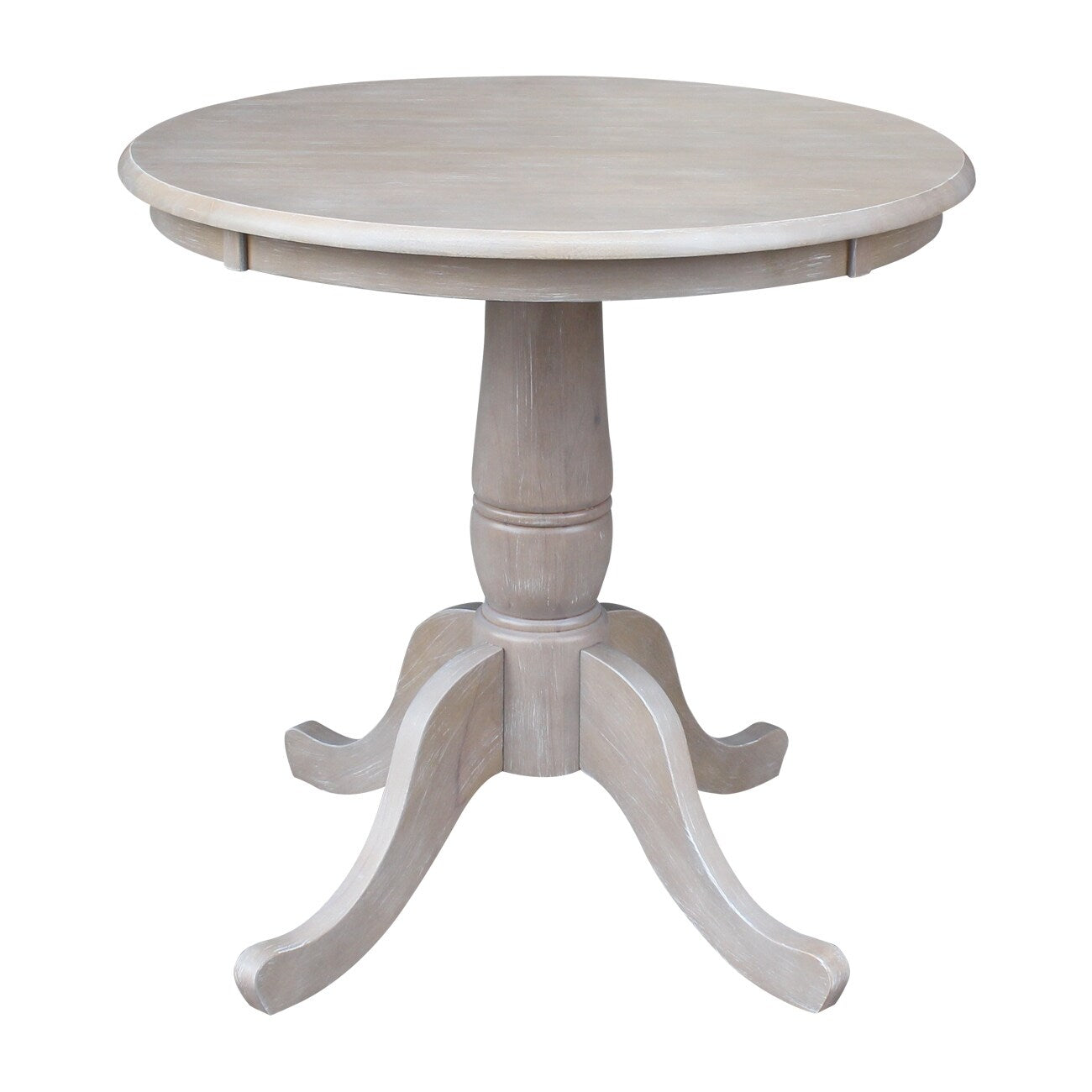 Solid Wood Round Pedestal Table In Washed Gray Taupe