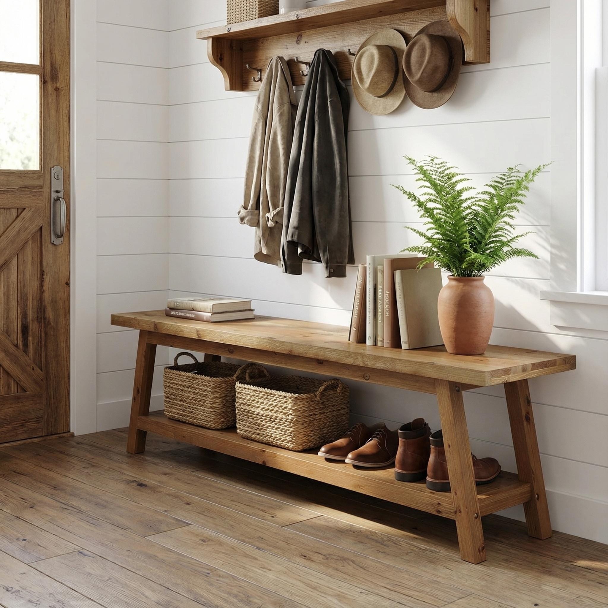Solid Wood Shoe Bench With 2 Tier Storage