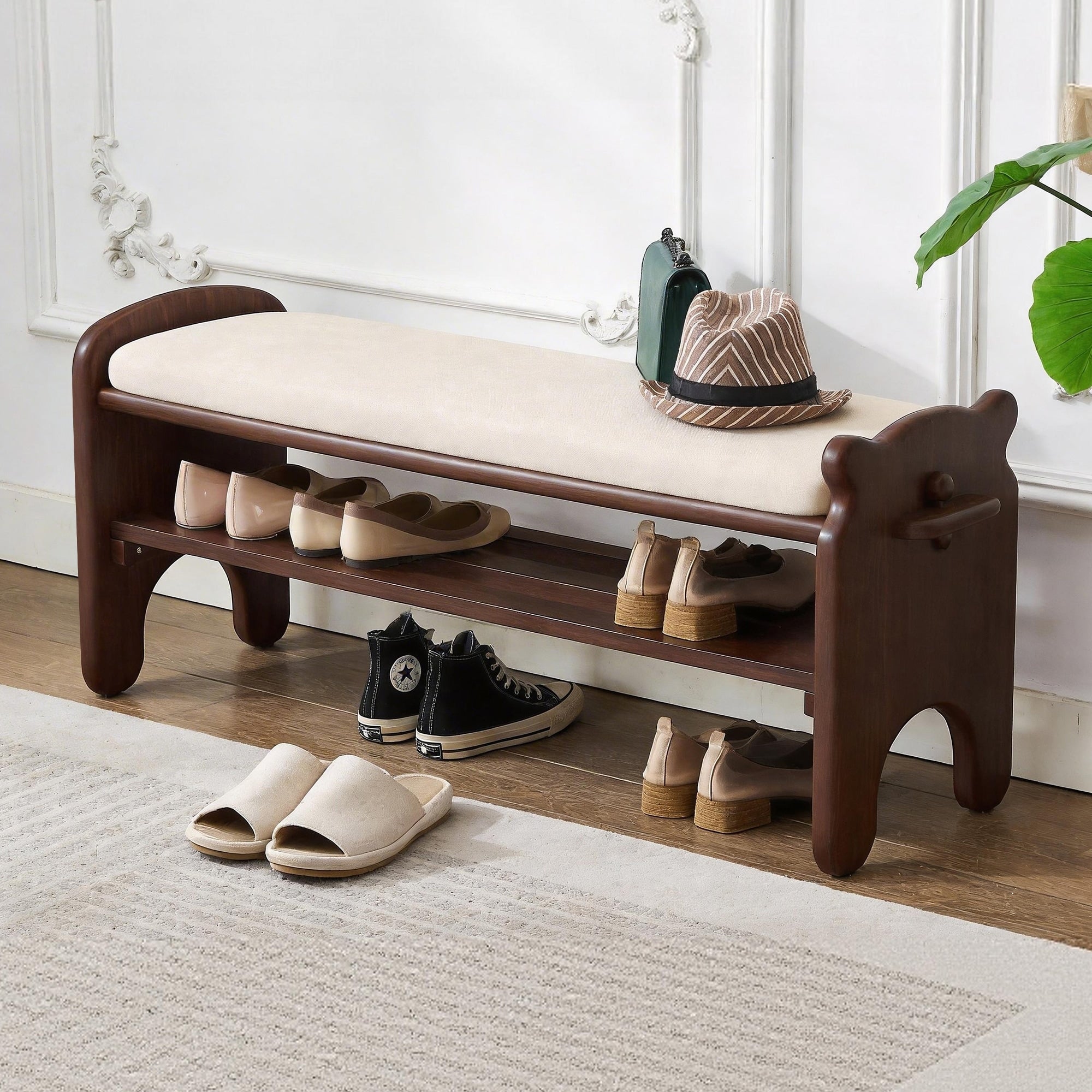 Solid Wood Shoe Bench 2 Tier Wooden Entryway Bench Modern Shoe Rack With Faux Leather Cushion For Hallway Living Room 31.5