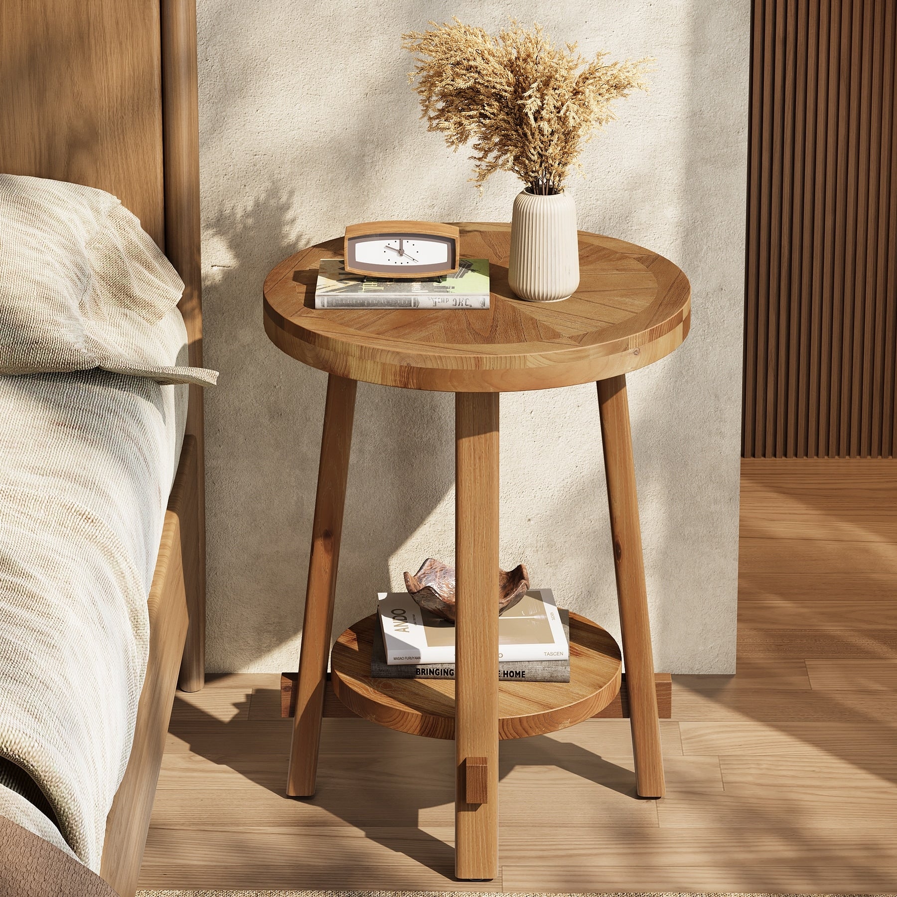 Solid Wood Side Table Round End Tables With 2 Tier Storage 19.69 D X 19.69 W X 25.98 H