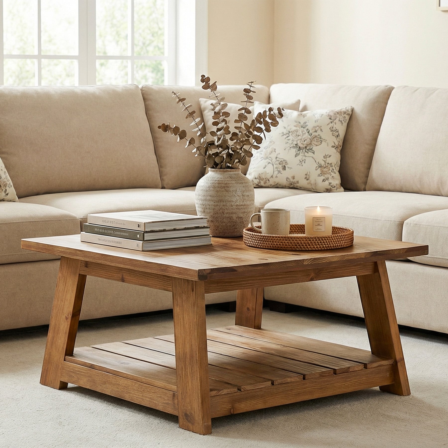 Solid Wood Square Coffee Table For Living Room 31.5 Farmhouse Center Table
