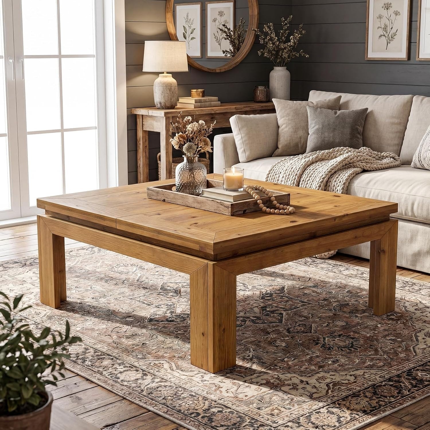 Solid Wood Square Coffee Table 39.4 Farmhouse Cocktail Center Table For Living Room 39.4 L X 39.4 W X 18.1 H