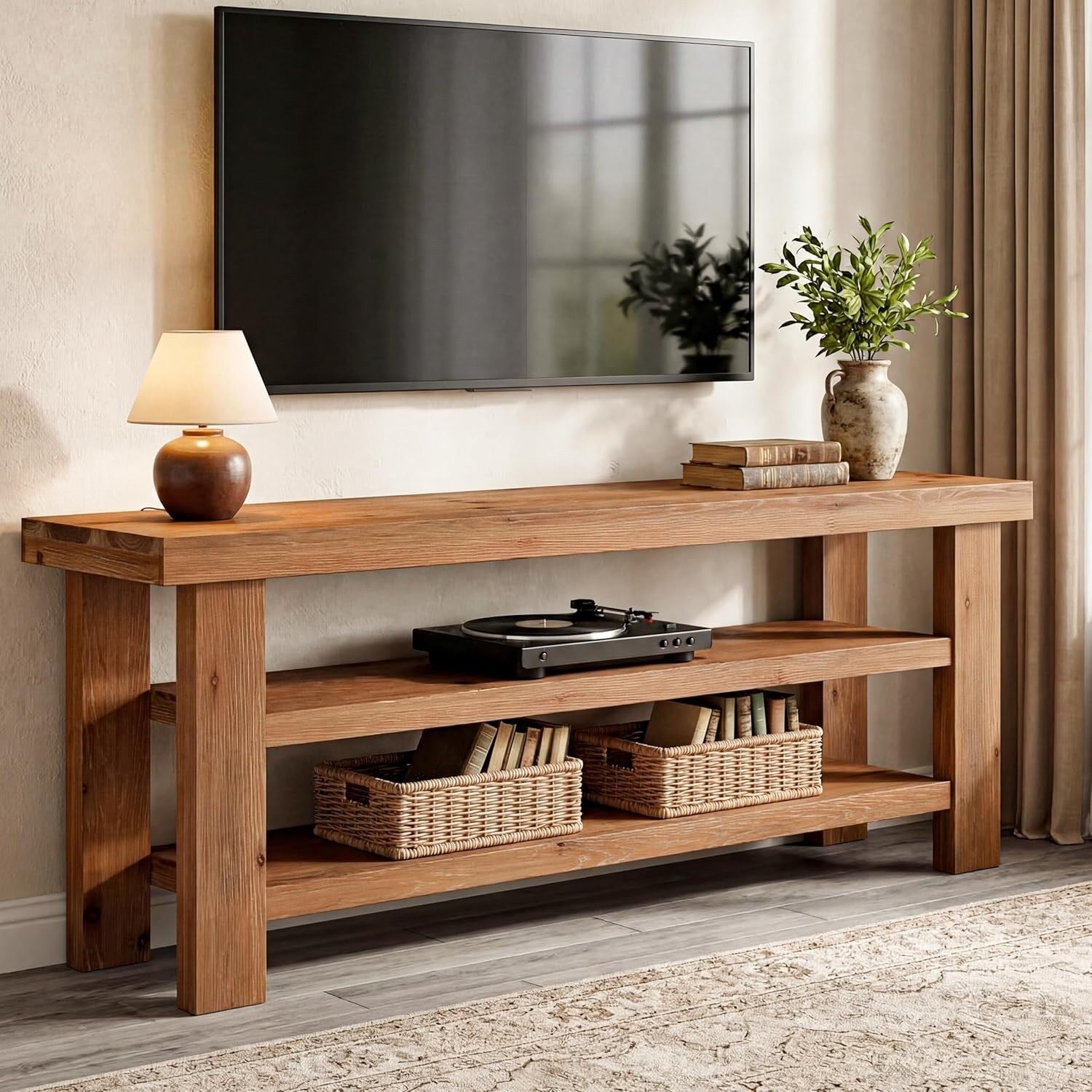 Solid Wood Tv Stand For 55 60 65 75 Inch Tvs 63 Farmhouse Media Console With Storage 63 Wx 13.78 D X 23.62 H