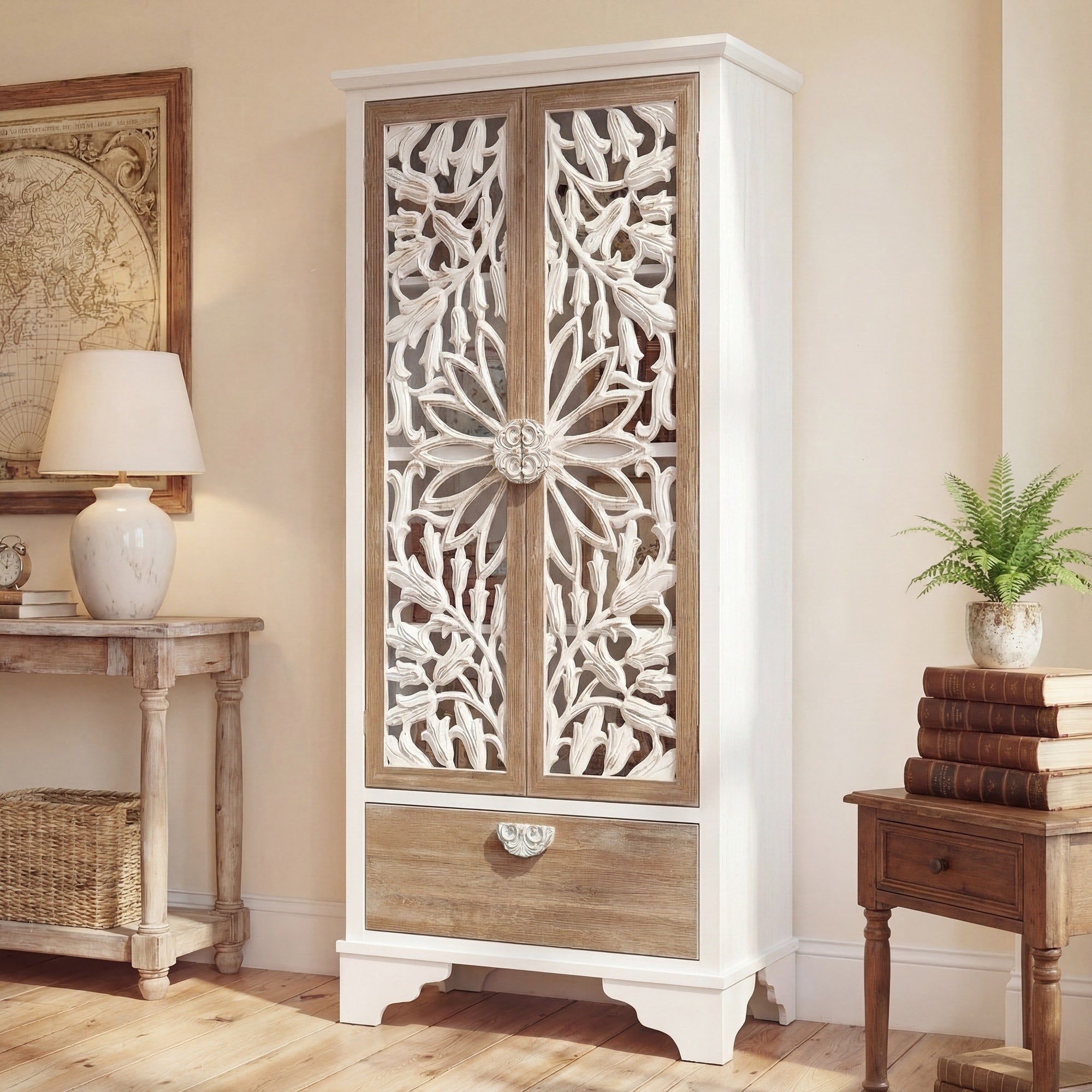 Solid Wood Tall Storage Cabinet 31.5 Farmhouse Distressed White Carved Armoire With Shelves And Drawer 31.5 X68.9