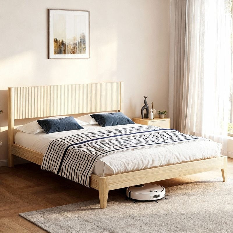 Solid Wood Twin Bed Frame Platform Bedframe With Headboard Grille Style