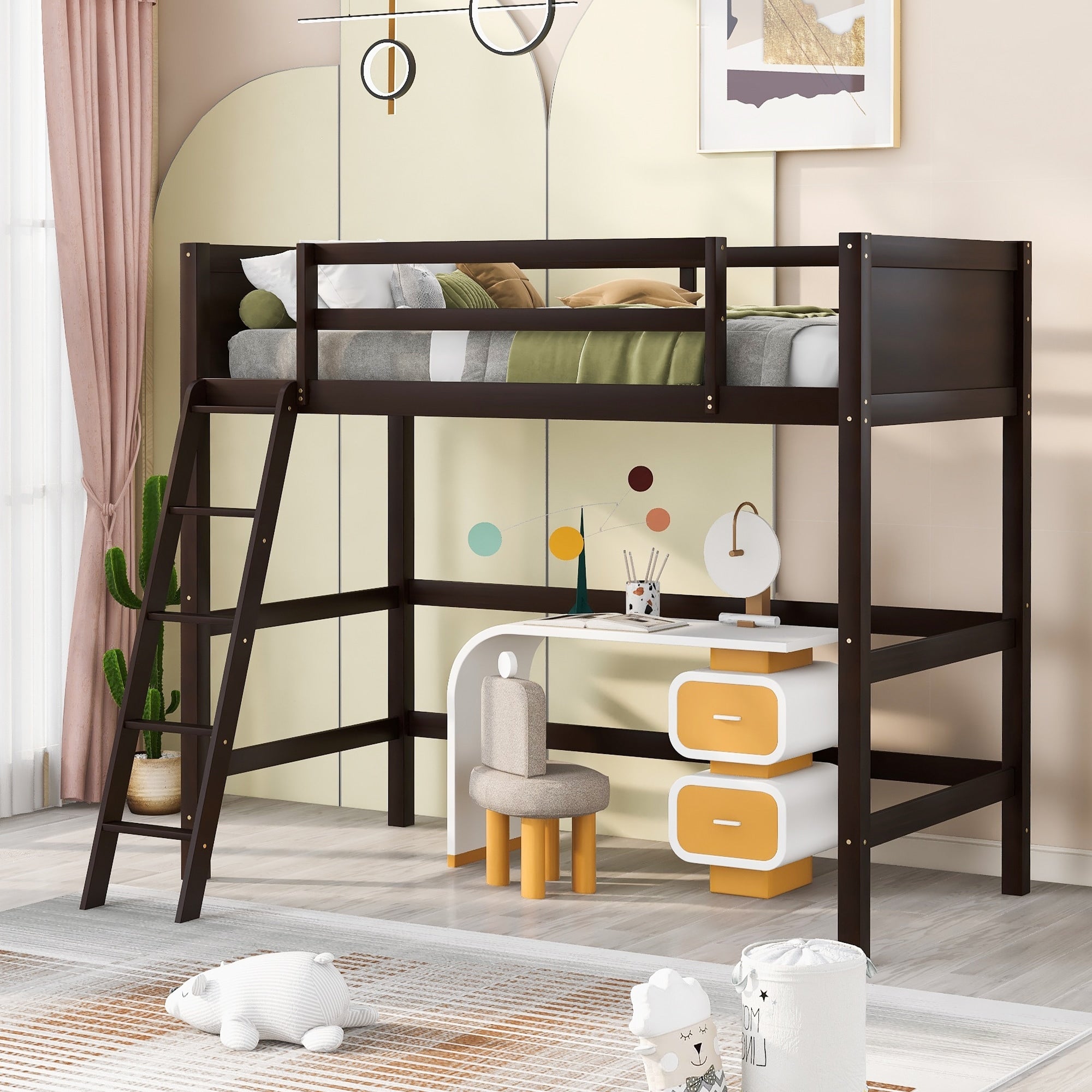 Solid Wood Twin Size Loft Bed With Ladder Sturdy Frame For Small Spaces