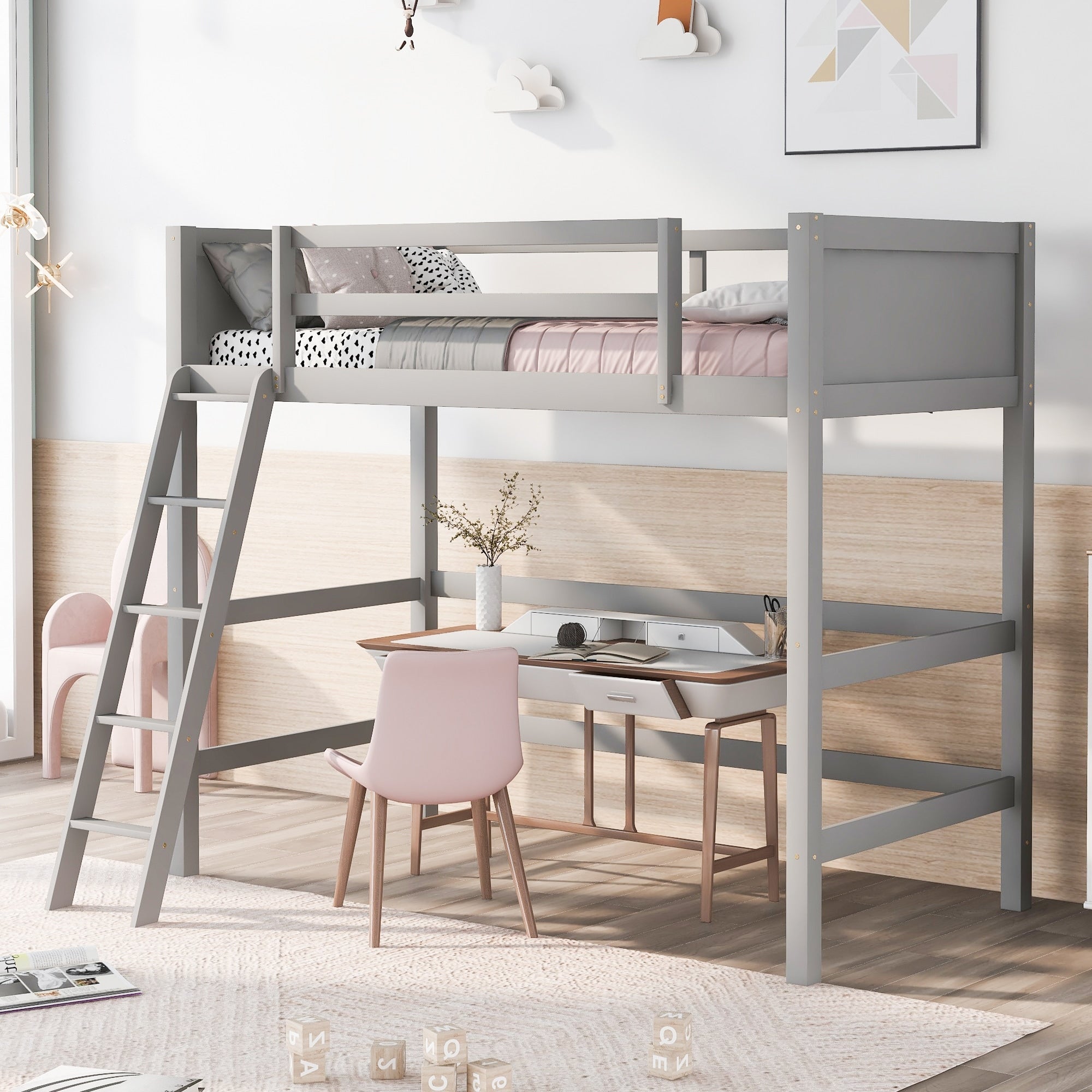 Solid Wood Twin Size Loft Bed With Ladder Gray