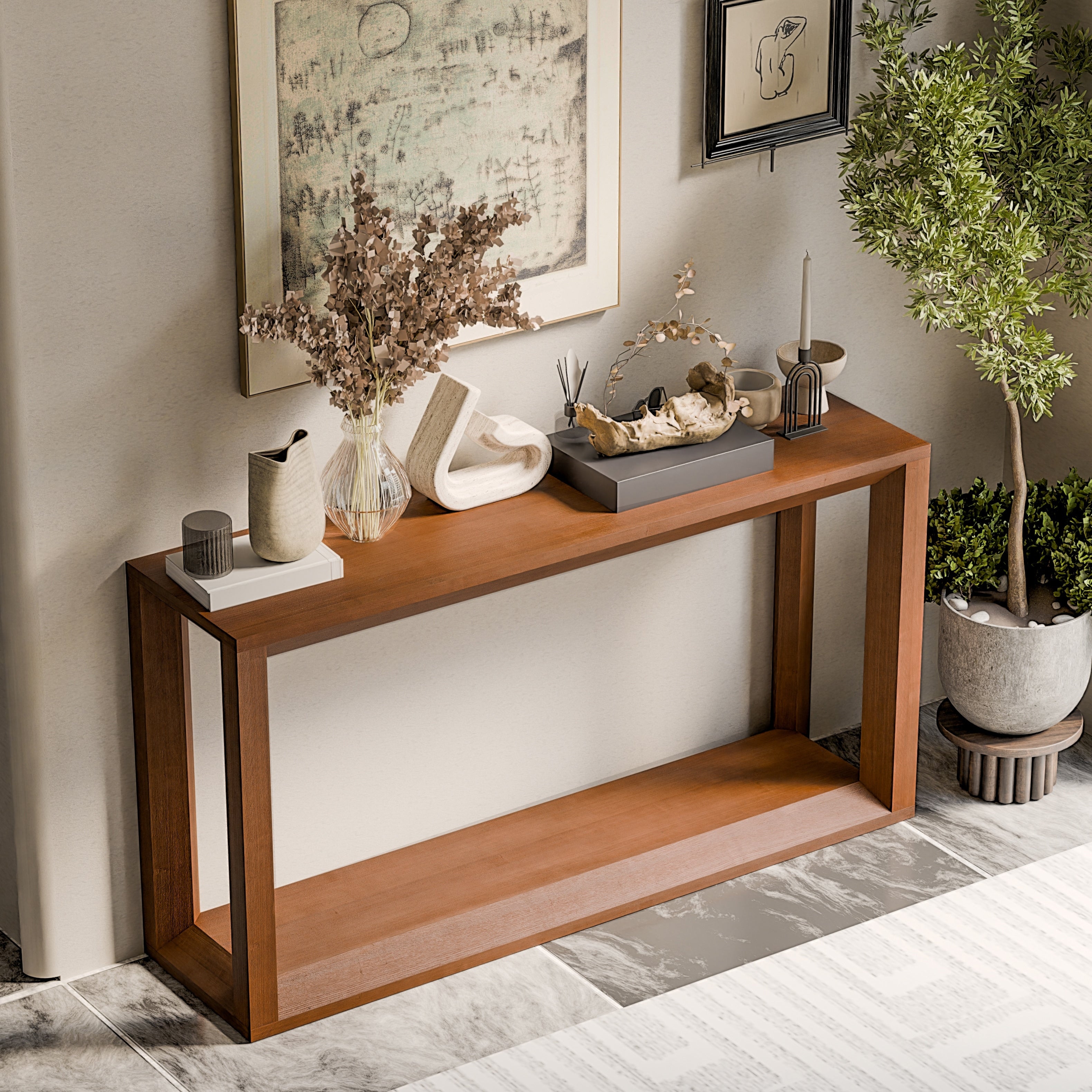 Solid Wood Veneer Console Table 60 Inch Wide Sofa Table With Ample Storage For Entryway Organization