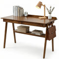 Solid Wood Writing Desk Home Office Desk For Small Spaces Mid Century Modern Desks With 2 Drawers Storage Shelf