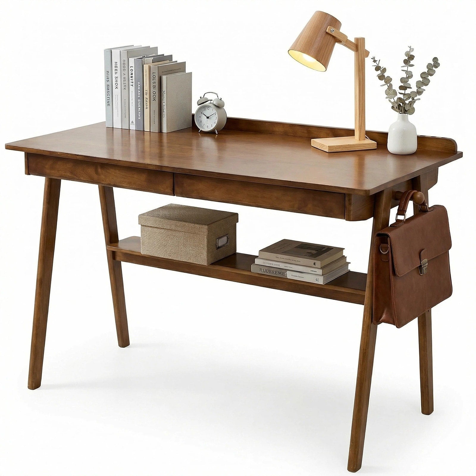 Solid Wood Writing Desk Home Office Desk For Small Spaces Mid Century Modern Desks With 2 Drawers Storage Shelf
