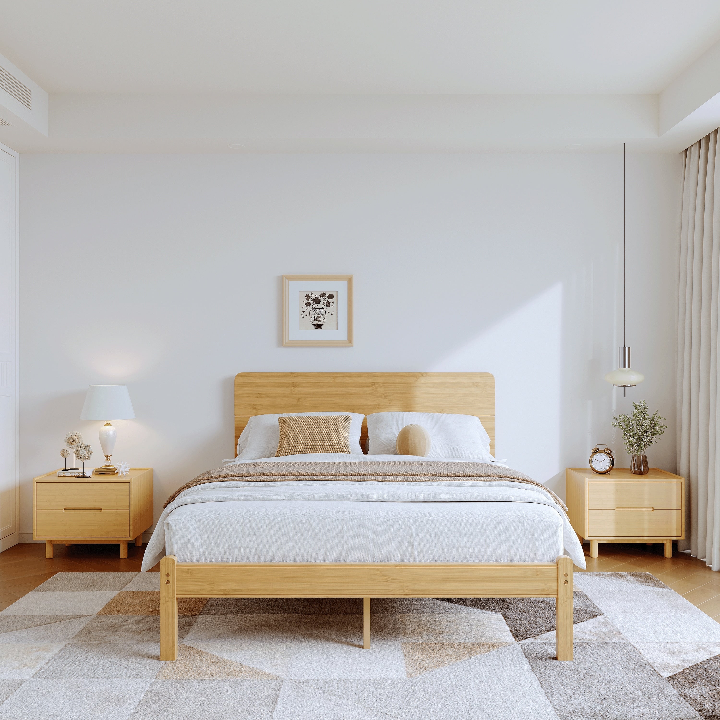 Solid Wood Bamboo Bed Frame With Headboard And Metal Crossbar Support.