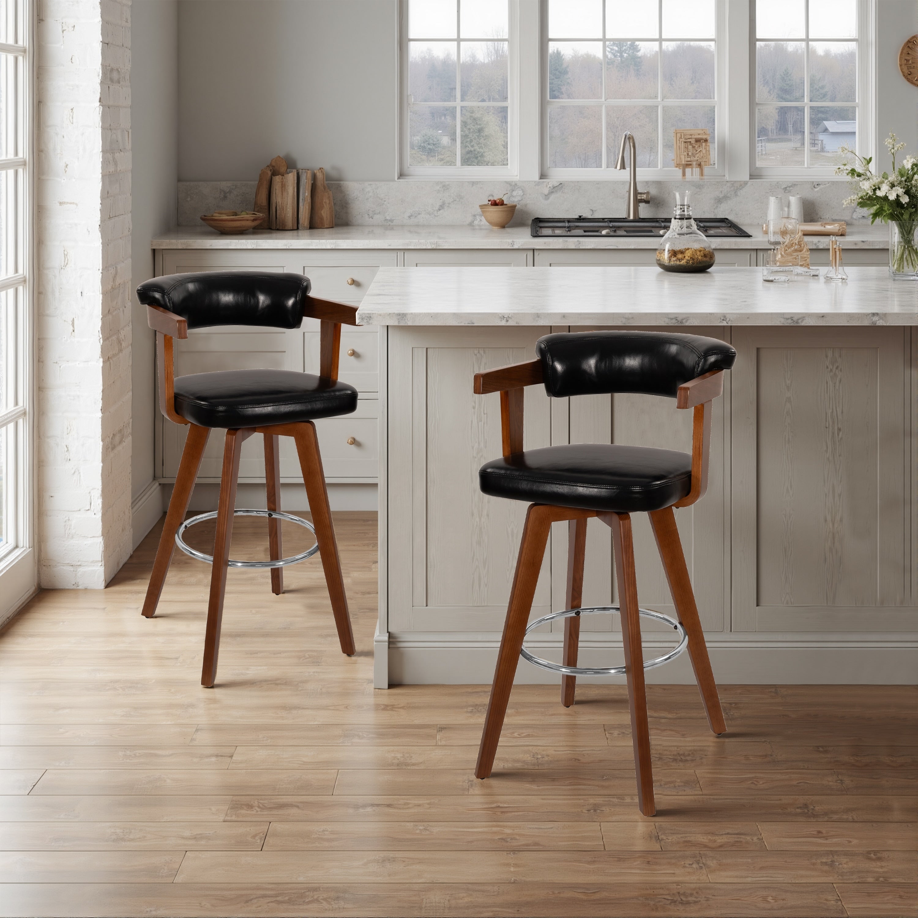 Solid Wood And Faux Leather Swivel Barstool Set Of 2