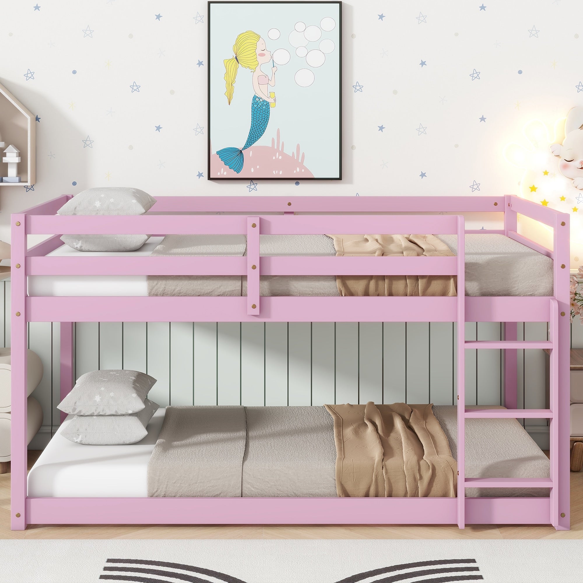 Solid Wooden Solid Rubber Wooden Twin Over Twin Floor Bunk Bed With Ladder With Bed Platform Of Strengthened Slats Pink