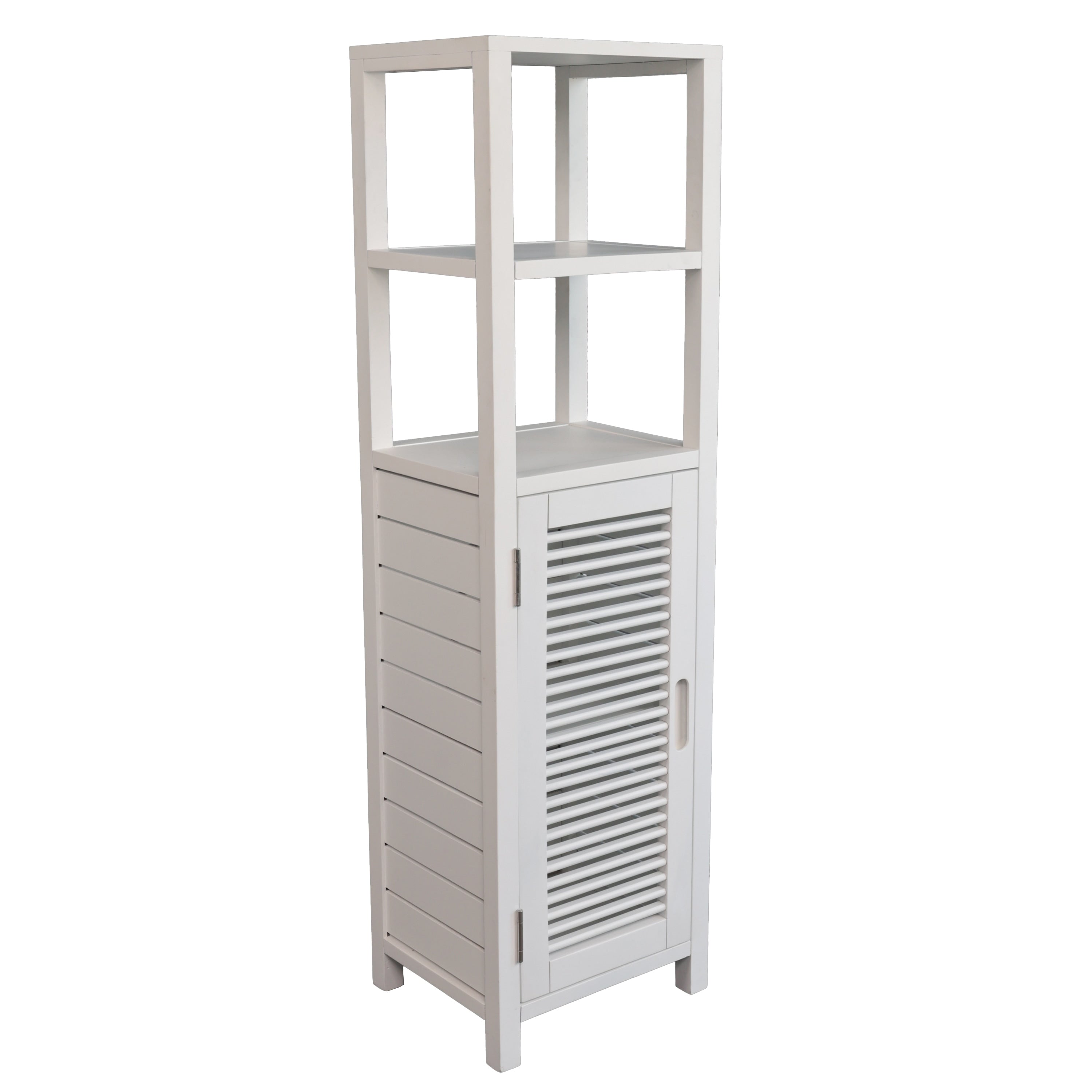 Solstice 47 In. H Handcrafted Pine Wood Bathroom Freestanding Floor Storage Cabinet With Louvered Door And 3 Tier Open Shelves