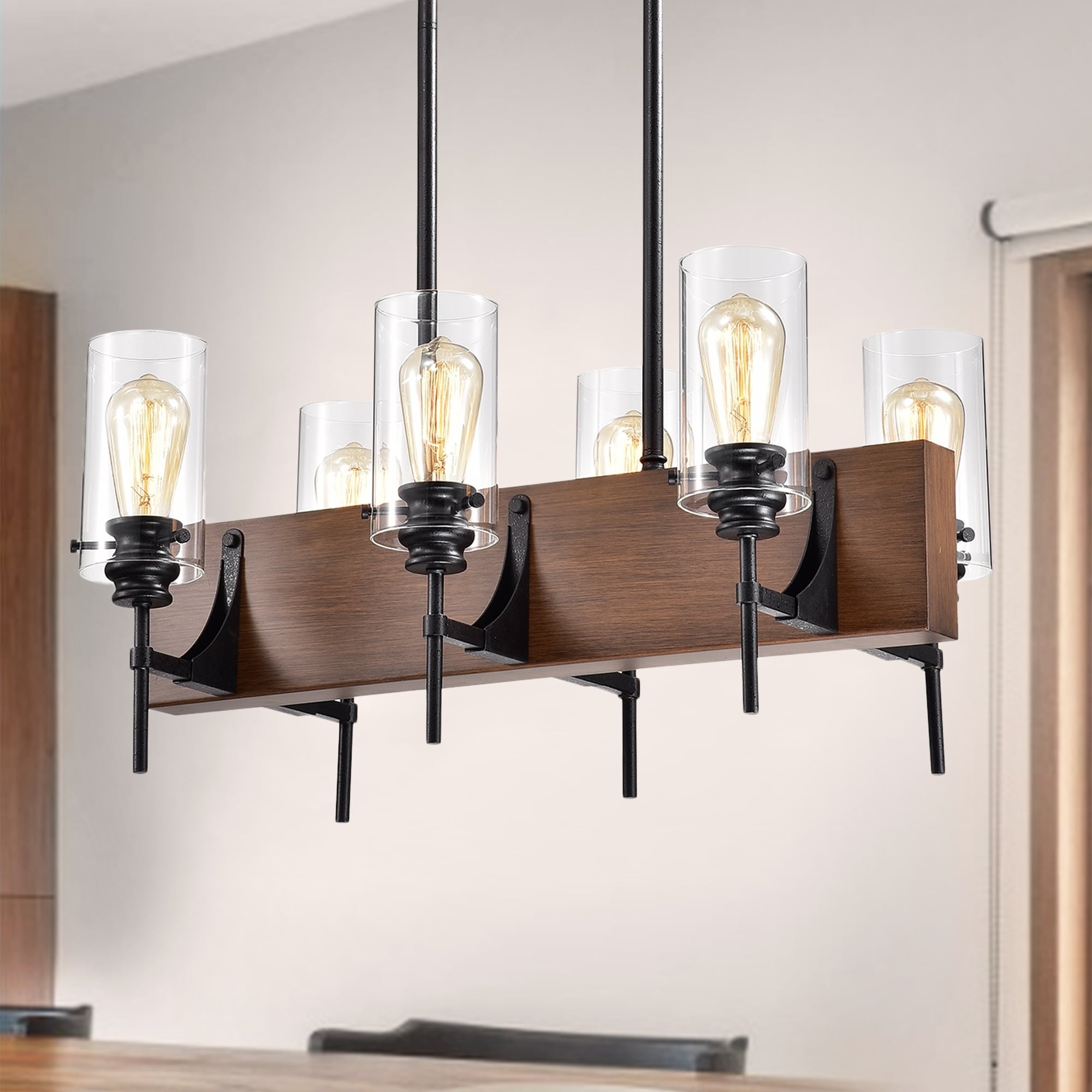 Solvyr Forged Black Metal And Wood 6 Light Chandelier With Clear Glass Tube Shades