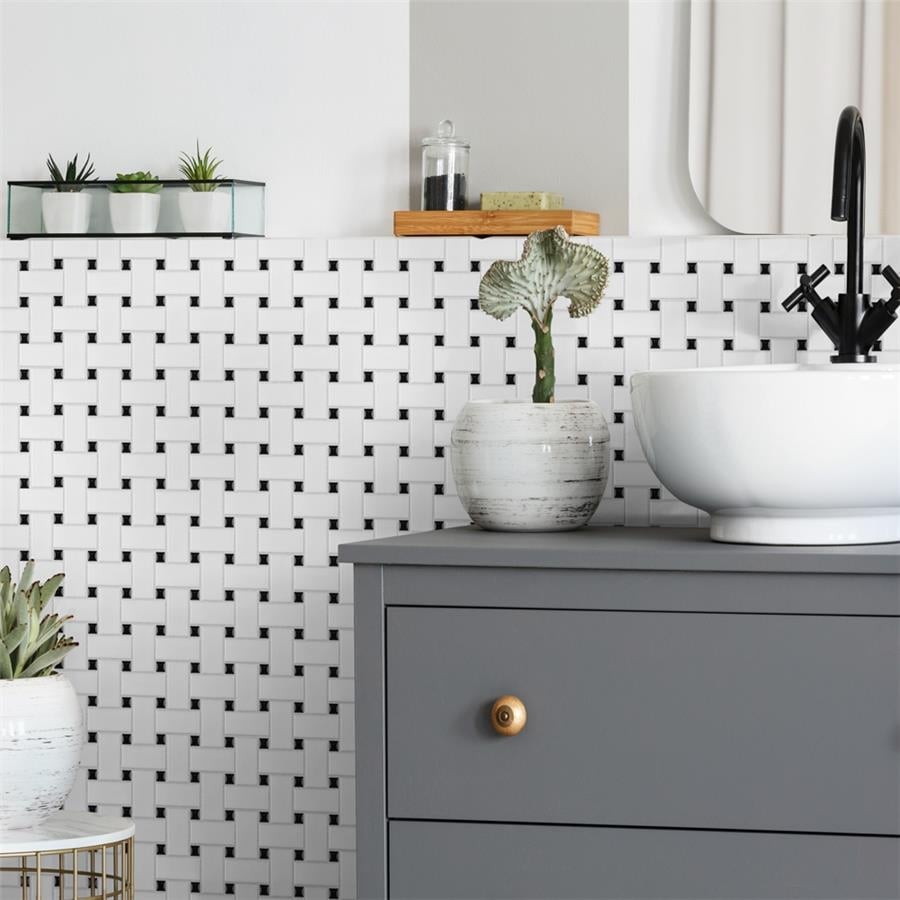 Somertile Basketweave Matte White W Glossy Black Dot 11.75X11.75 Inch Porcelain Mosaic Tile 20 Tiles 19.58 Sqft. Case