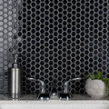 Somertile 10.25X11.75 Inch Victorian Hex Glossy Black Porcelain Mosaic Floor And Wall Tile 10 Tiles 8.54 Sqft.
