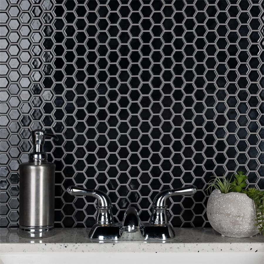 Somertile 10.25X11.75 Inch Victorian Hex Glossy Black Porcelain Mosaic Floor And Wall Tile 10 Tiles 8.54 Sqft.