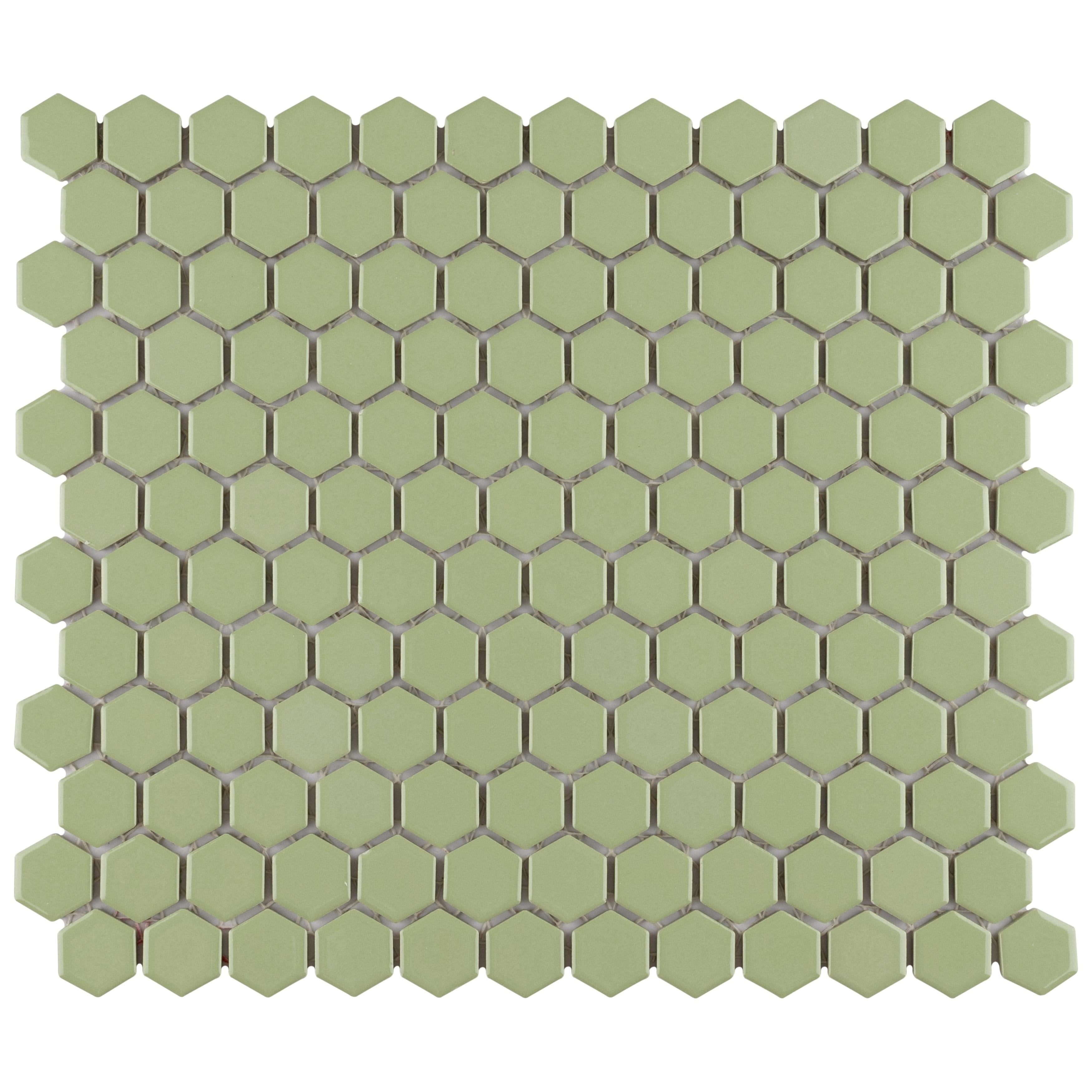 Somertile Metro 1 In. Hex Glossy Olive 11.88X10 Inch Porcelain Mosaic Tile 10 Tiles 8.65 Sqft. Case
