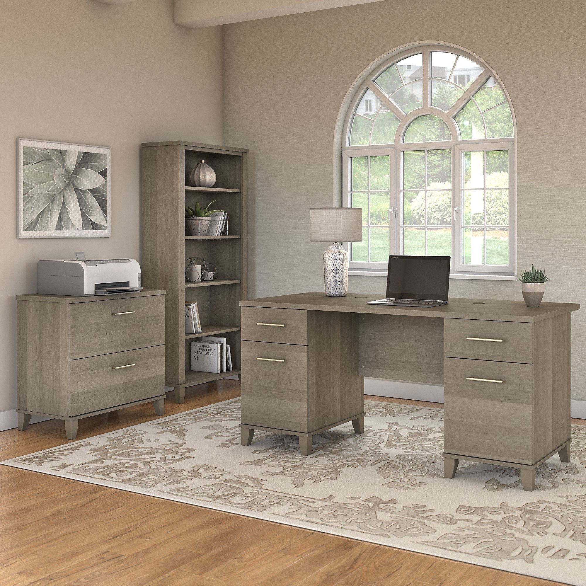 Somerset 60W Office Desk With Cabinet And 5 Shelf Bookcase In Ash Gray