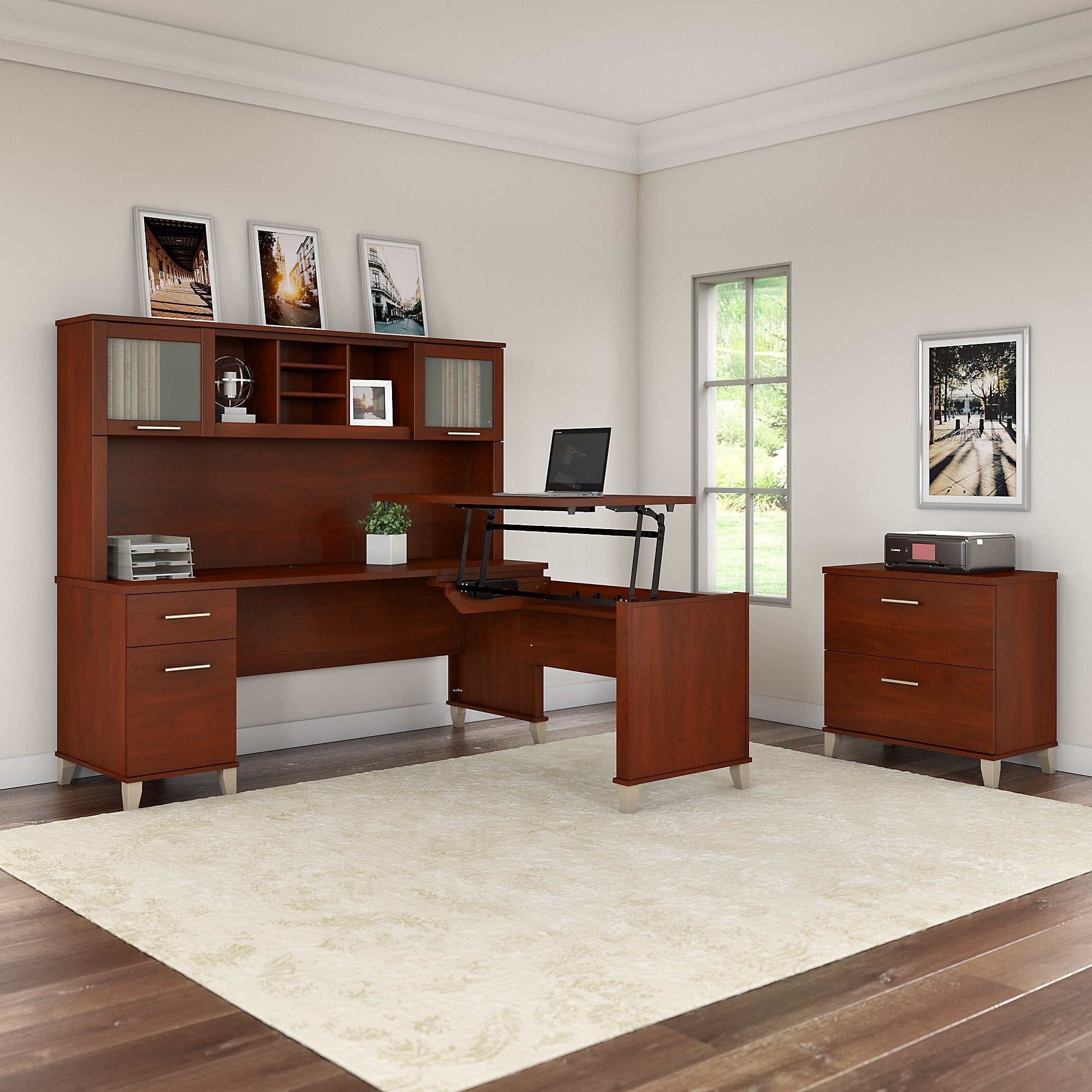 Somerset 72W Sit To Stand L Shaped Desk With Hutch And Cabinet In Gray