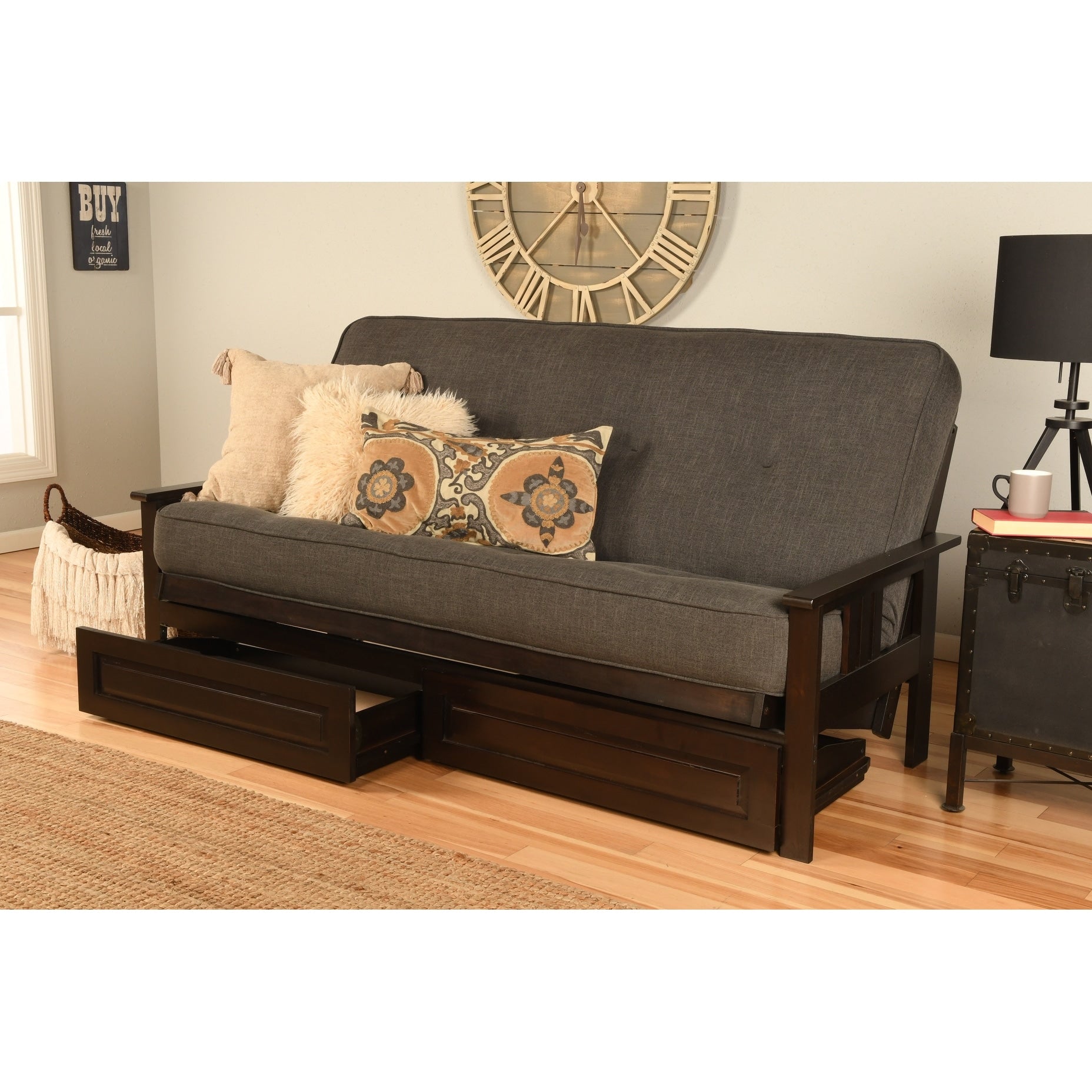 Somette Beli Mont Espresso Finish Futon Set With Linen Mattress And Storage Drawers
