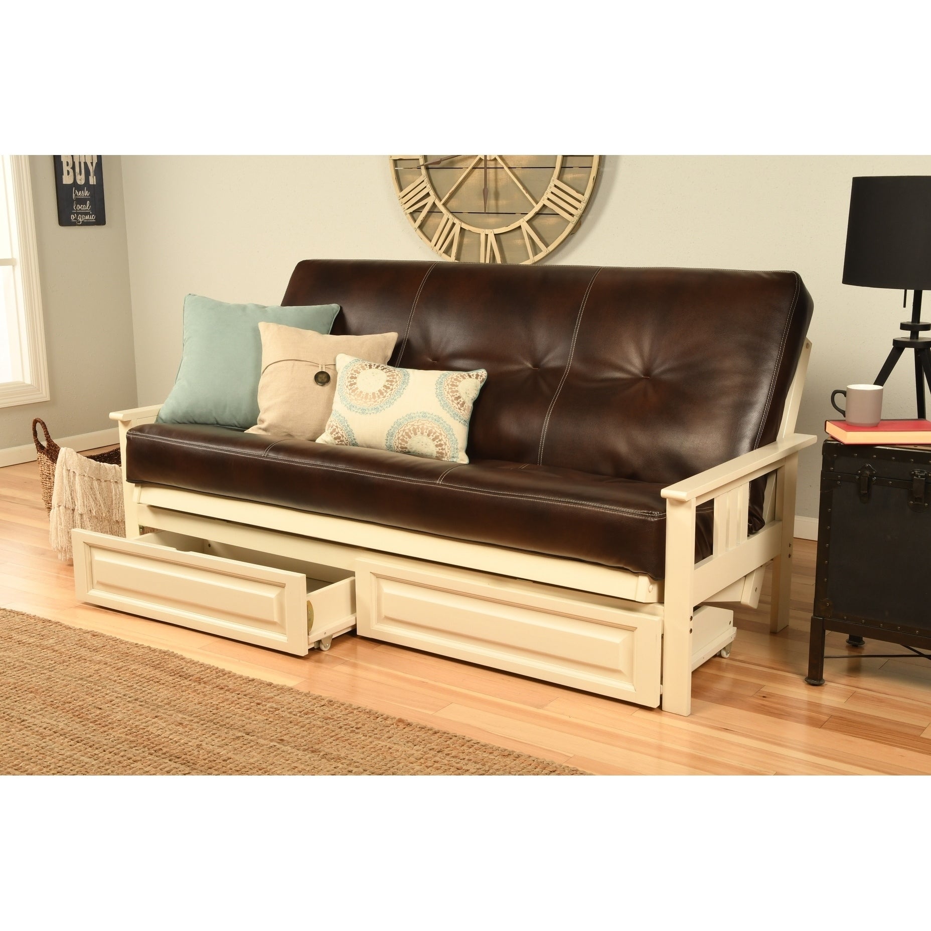 Somette Beli Mont Futon With Antique White Frame And Oregon Trail Mattress And Storage Drawers