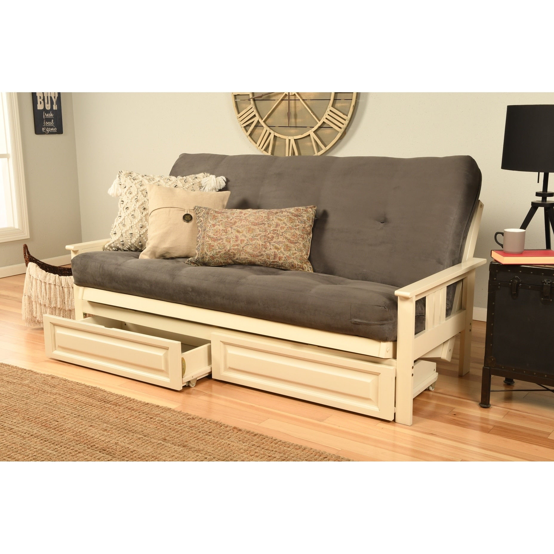 Somette Beli Mont Futon With Antique White Frame Grey Suede Mattress And Storage Drawers