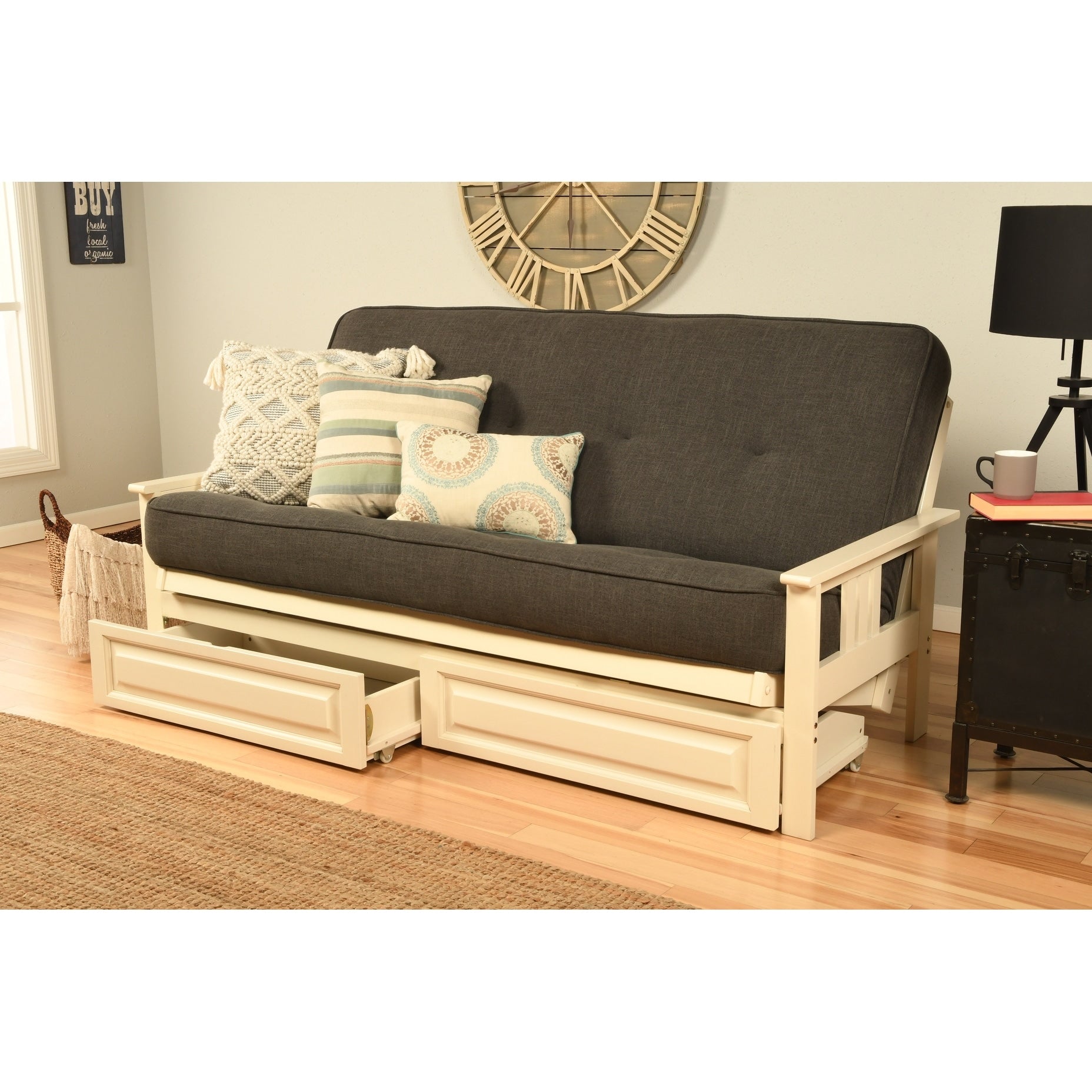 Somette Beli Mont Futon With Antique White Frame Linen Mattress And Storage Drawers
