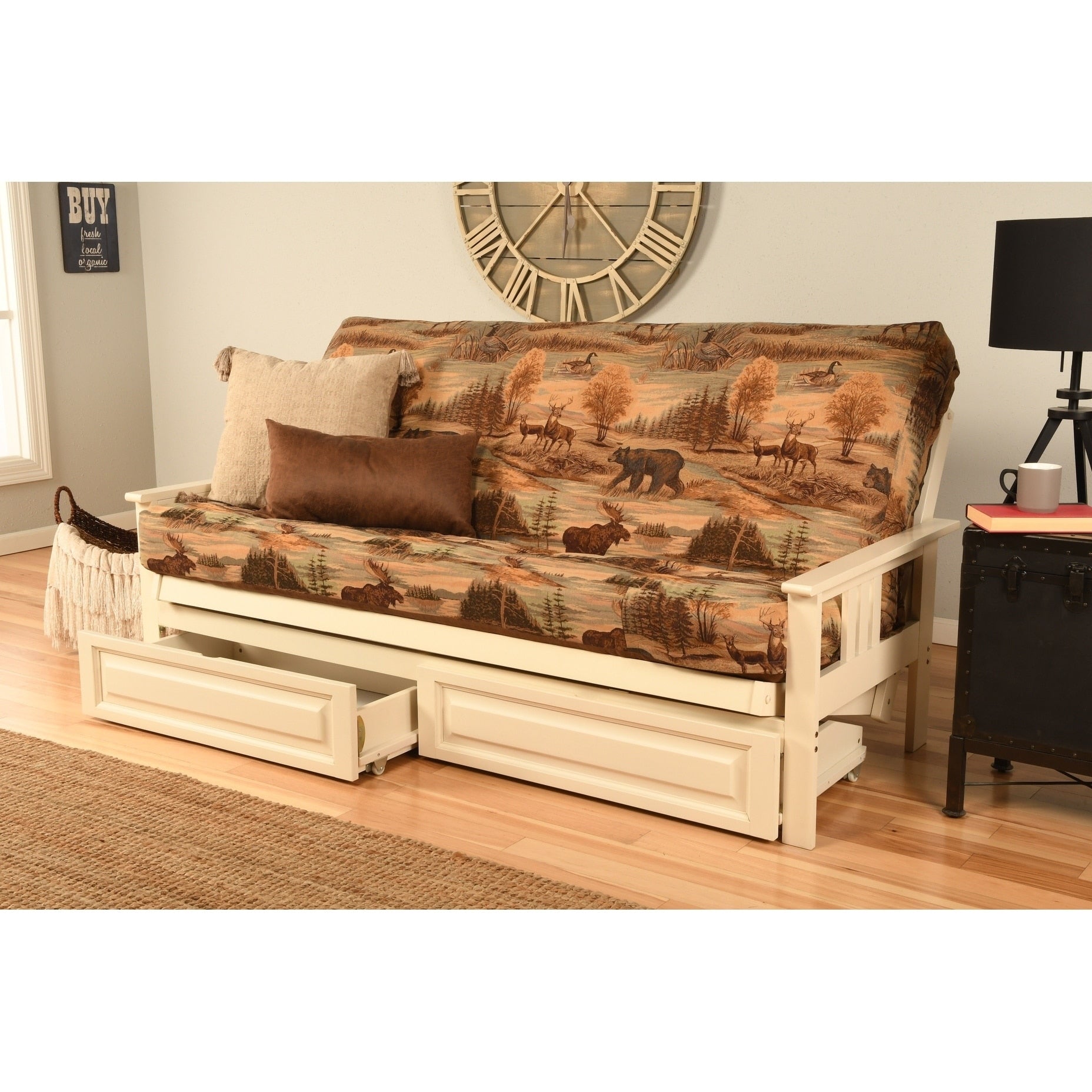Somette Beli Mont Futon With Antique White Hardwood Frame Rustic Pattern Cotton Polyester Mattress And Storage Drawers