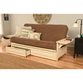 Somette Phoenix Futon Frame In Antique White Wood With Innerspring Mattress And Storage Drawers