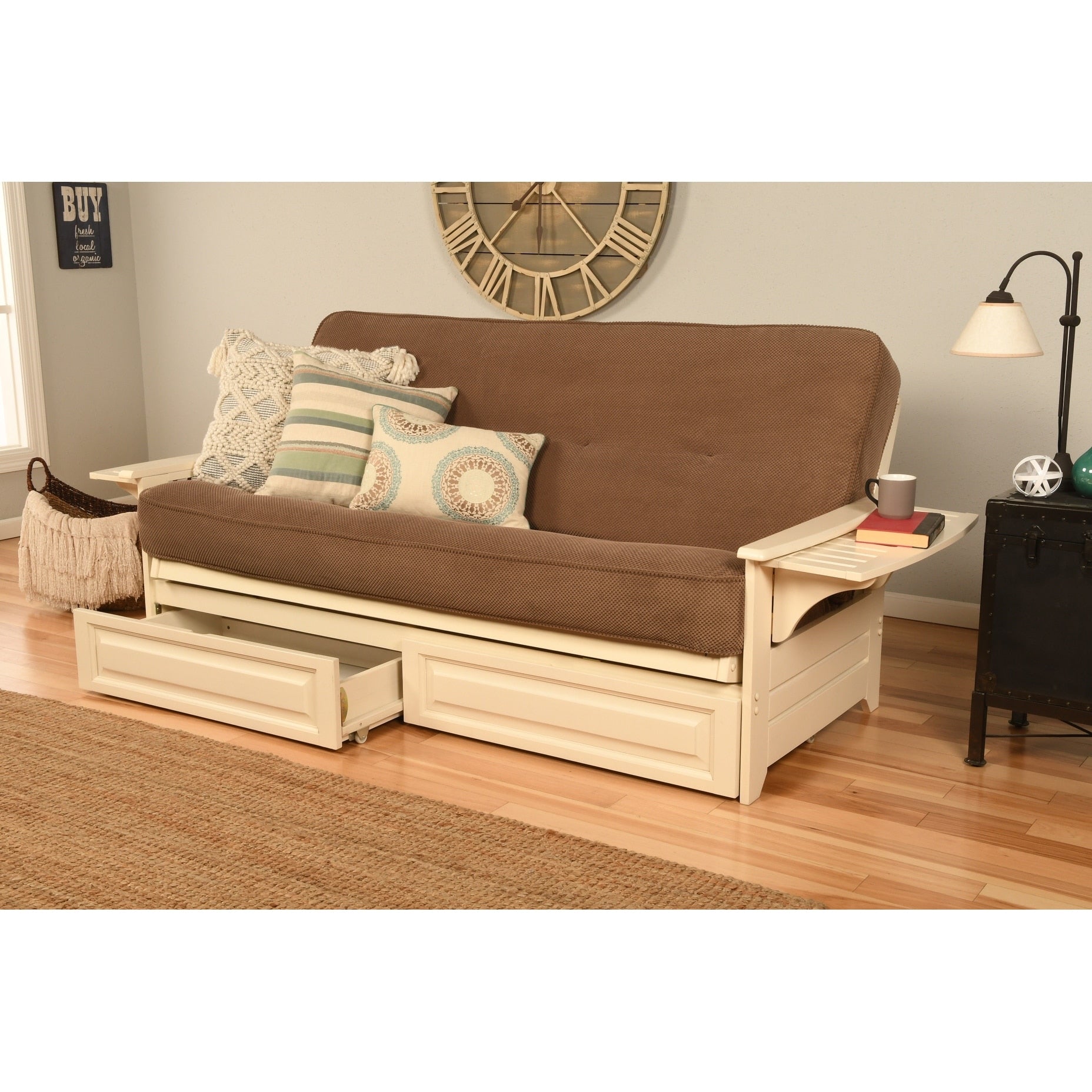 Somette Phoenix Futon Frame In Antique White Wood With Innerspring Mattress And Storage Drawers