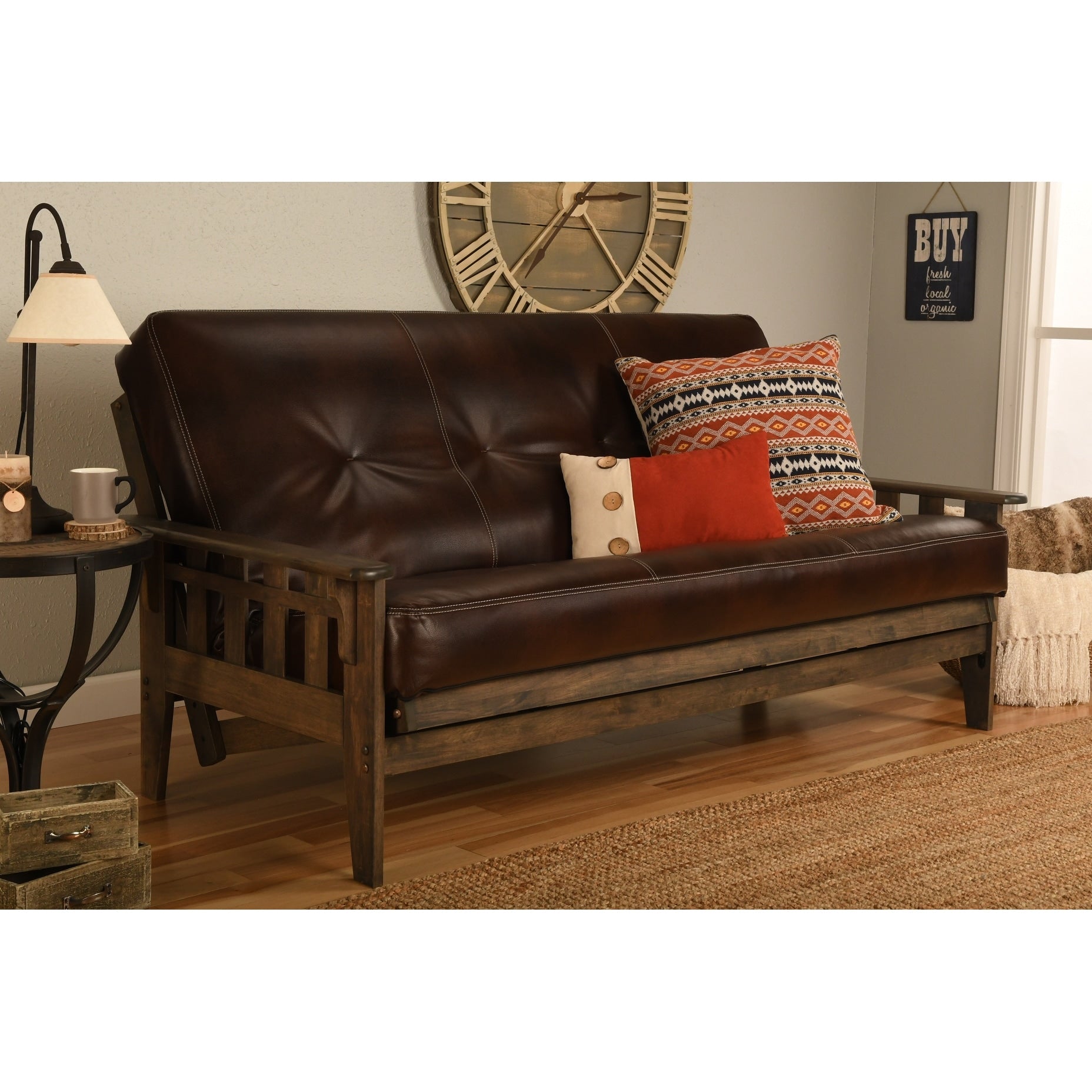 Somette Tucson Full Size Futon Set In Rustic Walnut Finish With Leather Mattress