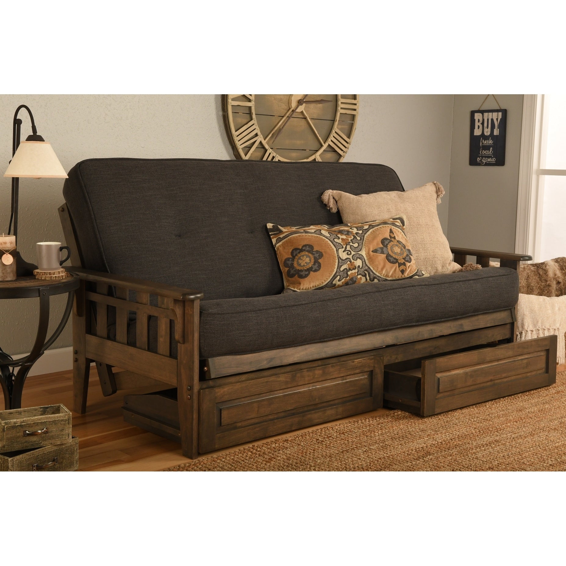 Somette Tucson Full Size Futon Set In Rustic Walnut Finish With Storage Drawers And Suede Mattress