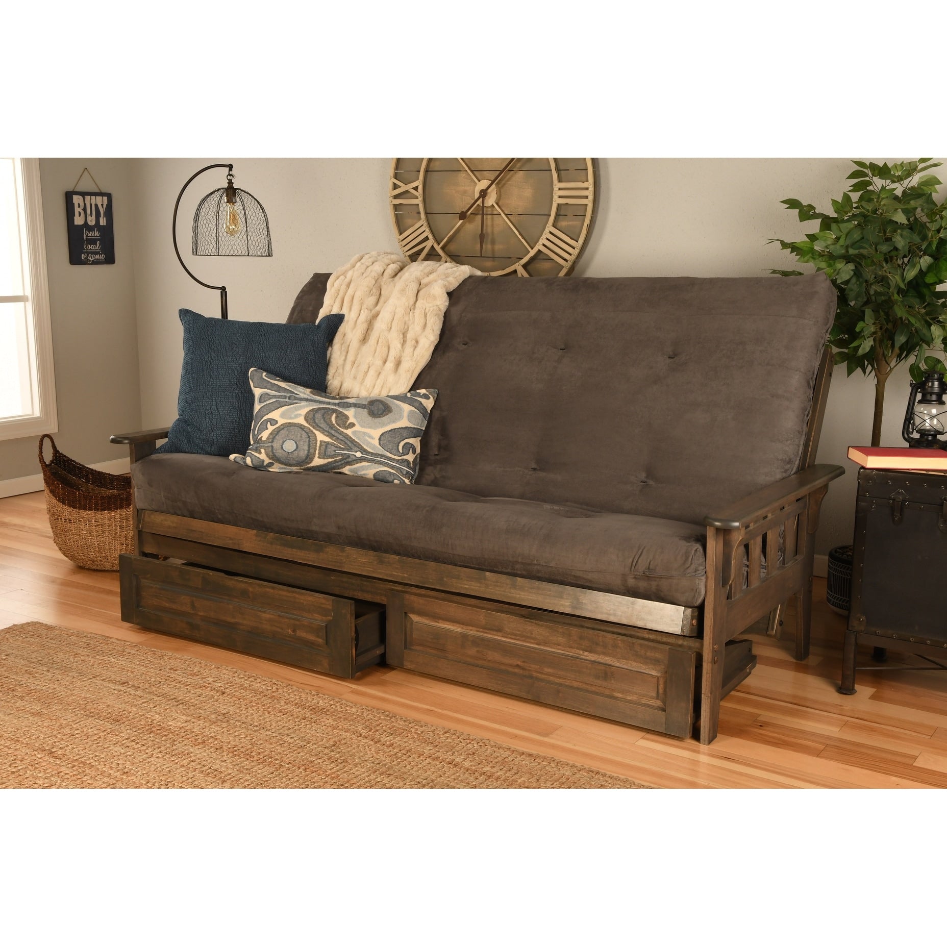 Somette Tucson Queen Size Futon Set With Storage Drawers In Rustic Walnut Finish With Mattress
