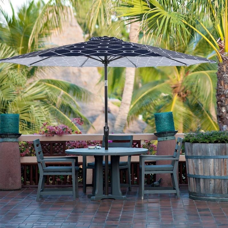 Phi Villa 9Ft Patio Umbrella 8 Fiberglass Ribs Printing Polyester Canopy Outdoor Umbrellas With Crank Auto Tilt