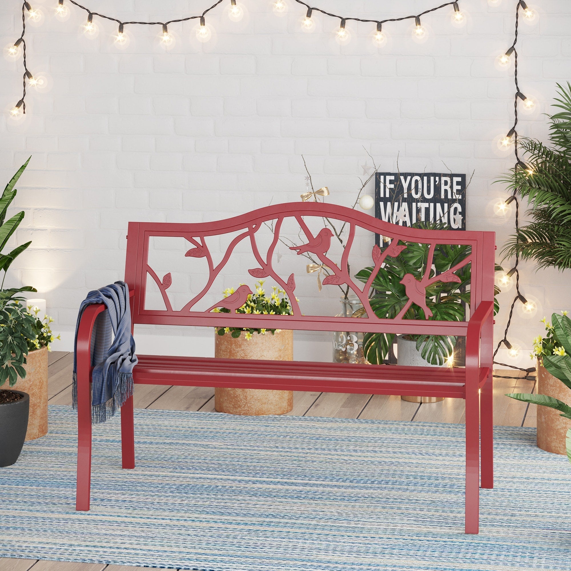 Sophia William Outdoor Patio Metal Bench Red Steel Frame Bench With Backrest And Armrests