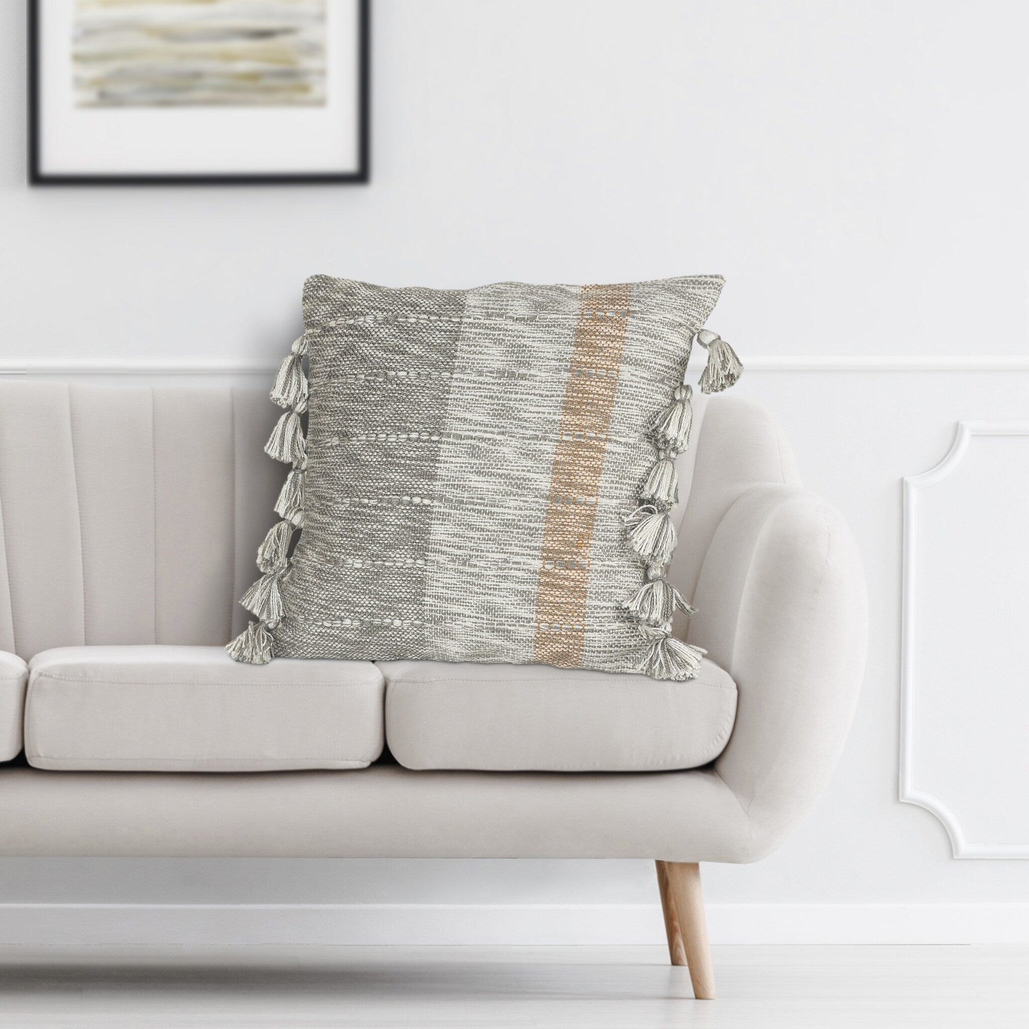 Sophisticated Grayscale And Red Tasseled Throw Pillow