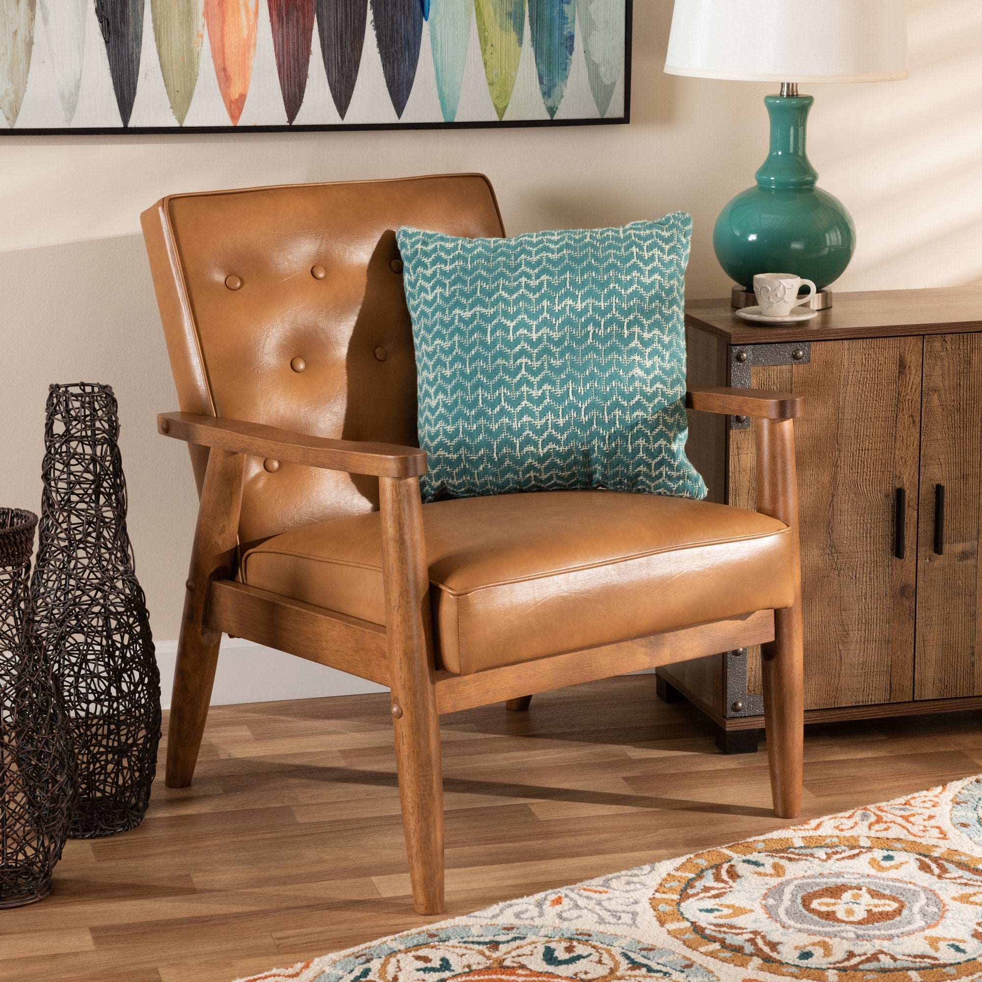 Sorrento Tan Faux Leather And Walnut Brown Finished Wood Lounge Chair