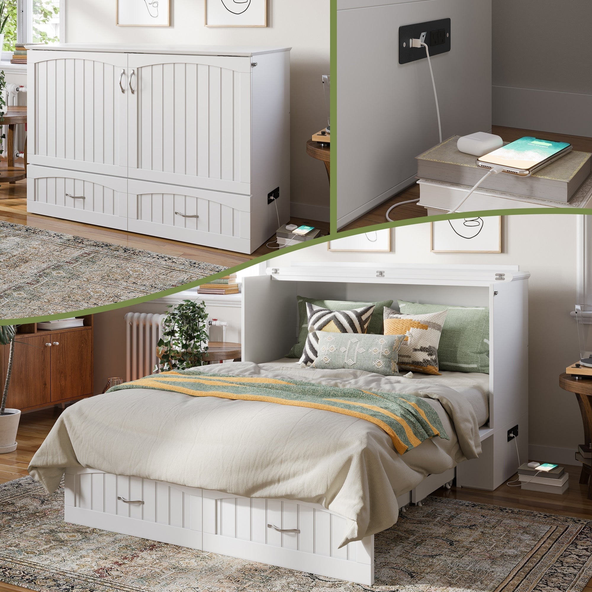 Atlantic Furniture Southampton White Wood Queen Charging Station Murphy Bed Chest