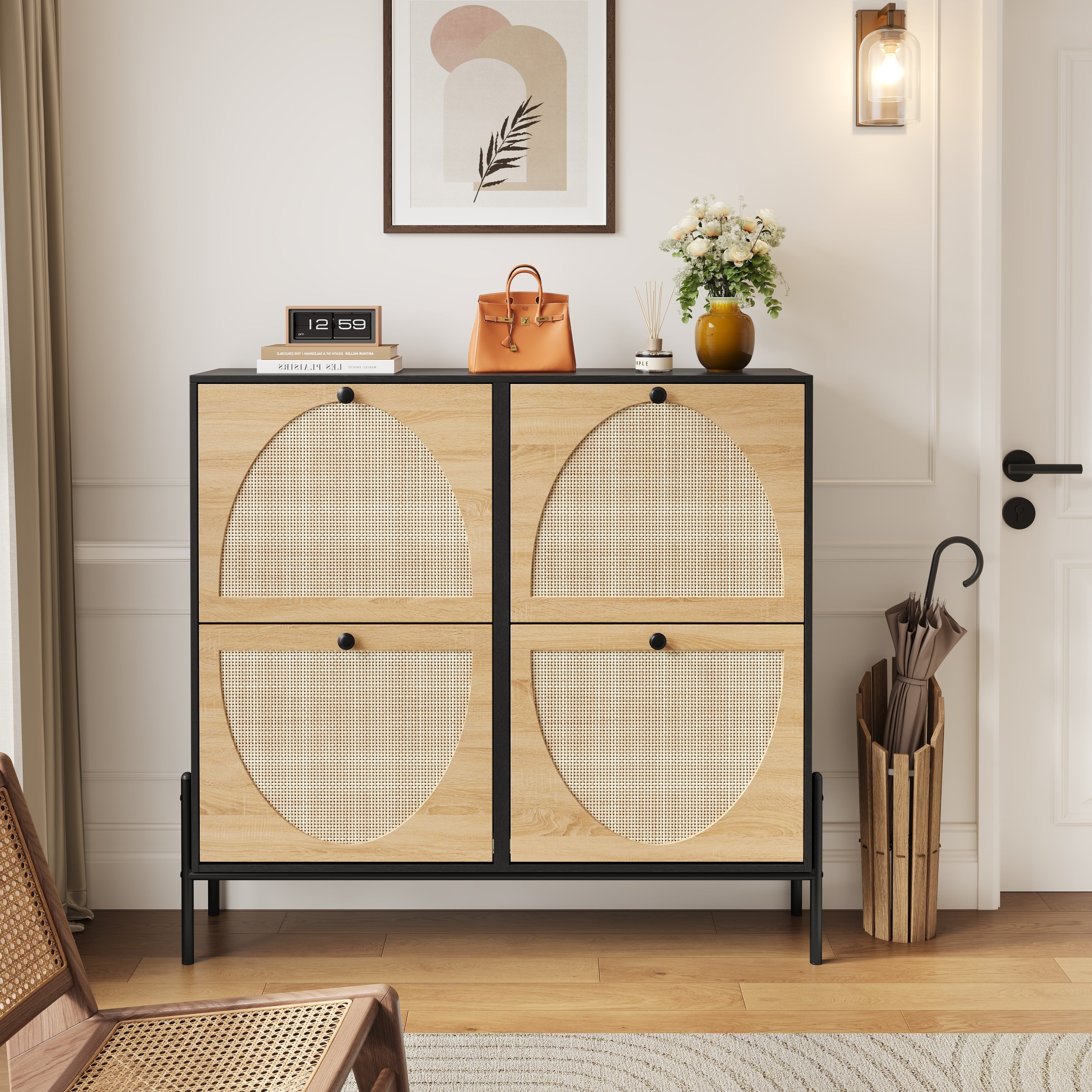 Space Saving Rattan Shoe Cabinet With 4 Flip Down Doors Elegant Narrow Storage For Entryways Hallways