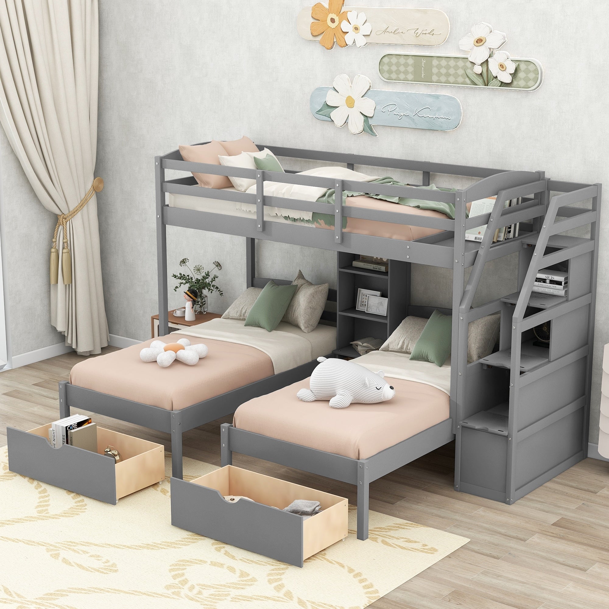 Space Saving Twin Over Twin Twin Triple Bunk Bed With Large Storage Drawers And Shelves