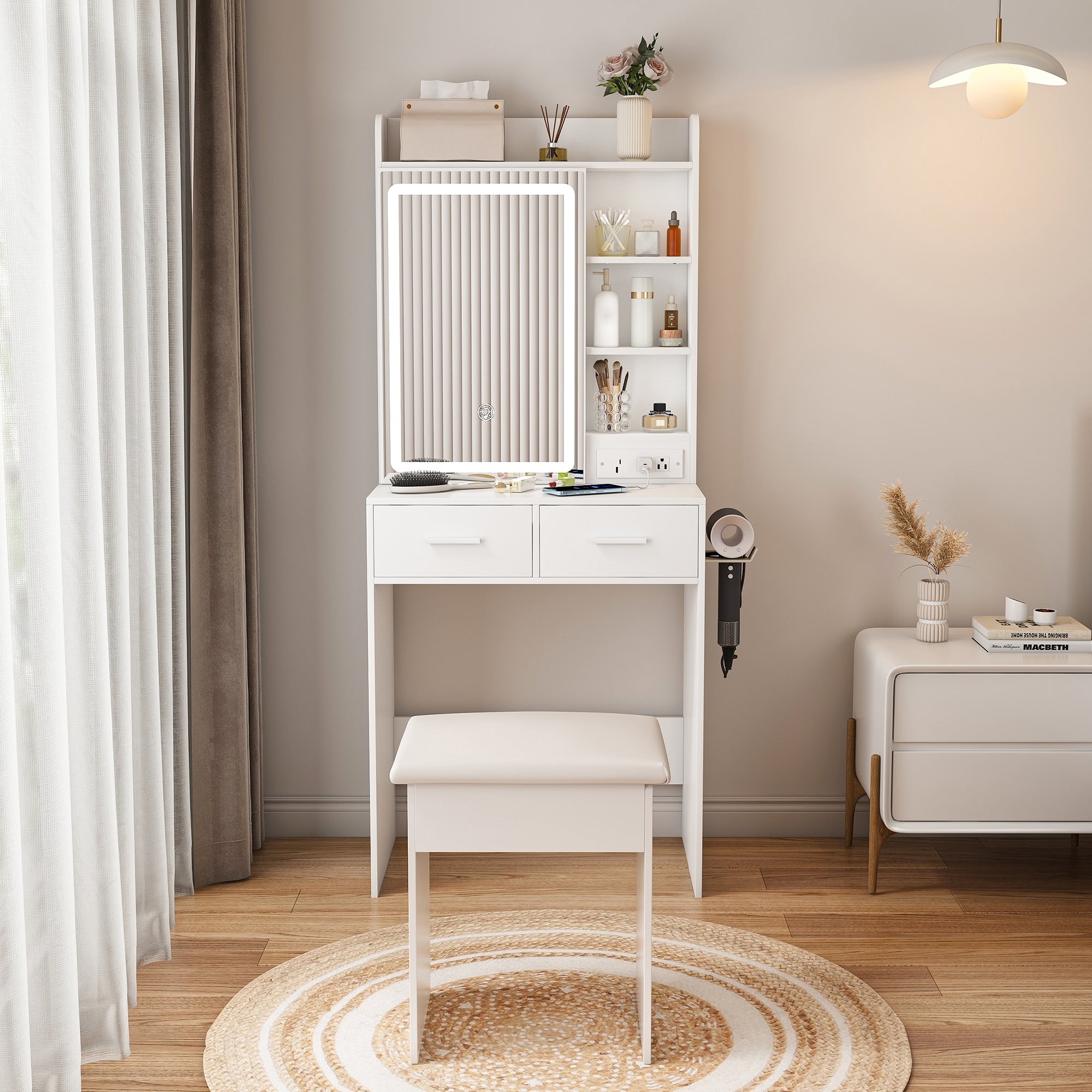 Space Saving White Makeup Vanity Desk With Mirror Adjustable Led Lights Built In Power Outlet Hidden Storage Includes Stool
