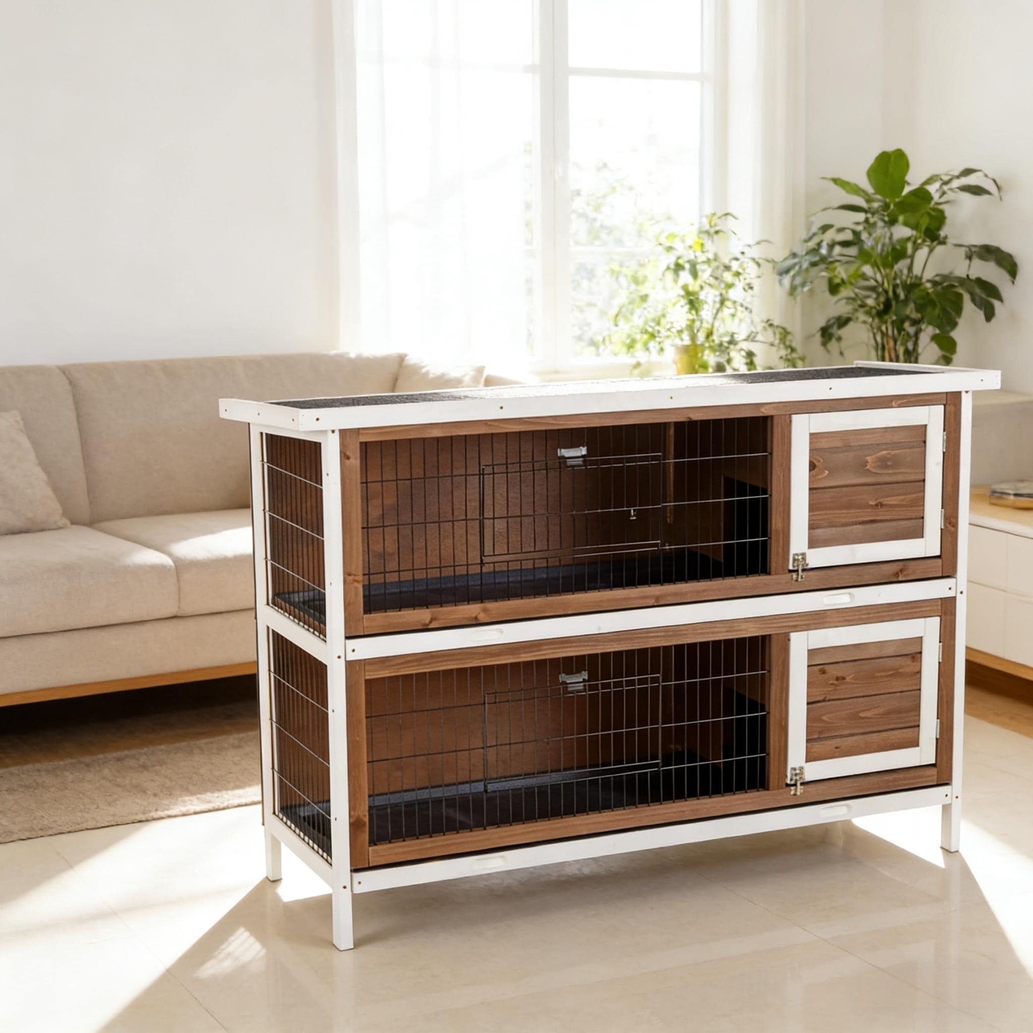 Spacious Pet House 2 Story Large Rabbit Hutch Is Designed For Convenient Cleaning Brown