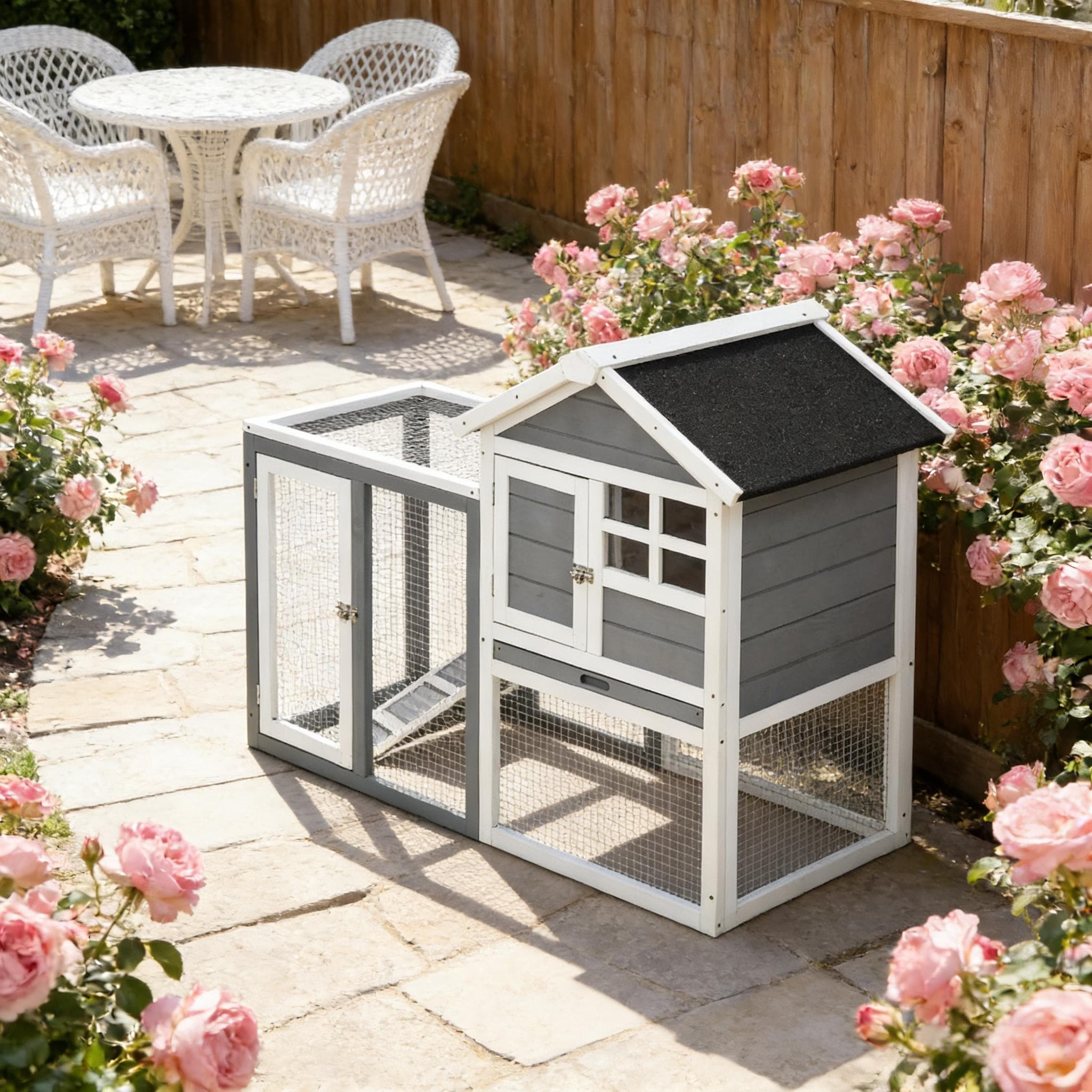 Spacious Pet House Weatherproof Wooden Rabbit Hutch Is Designed For Convenient Cleaning Gray White