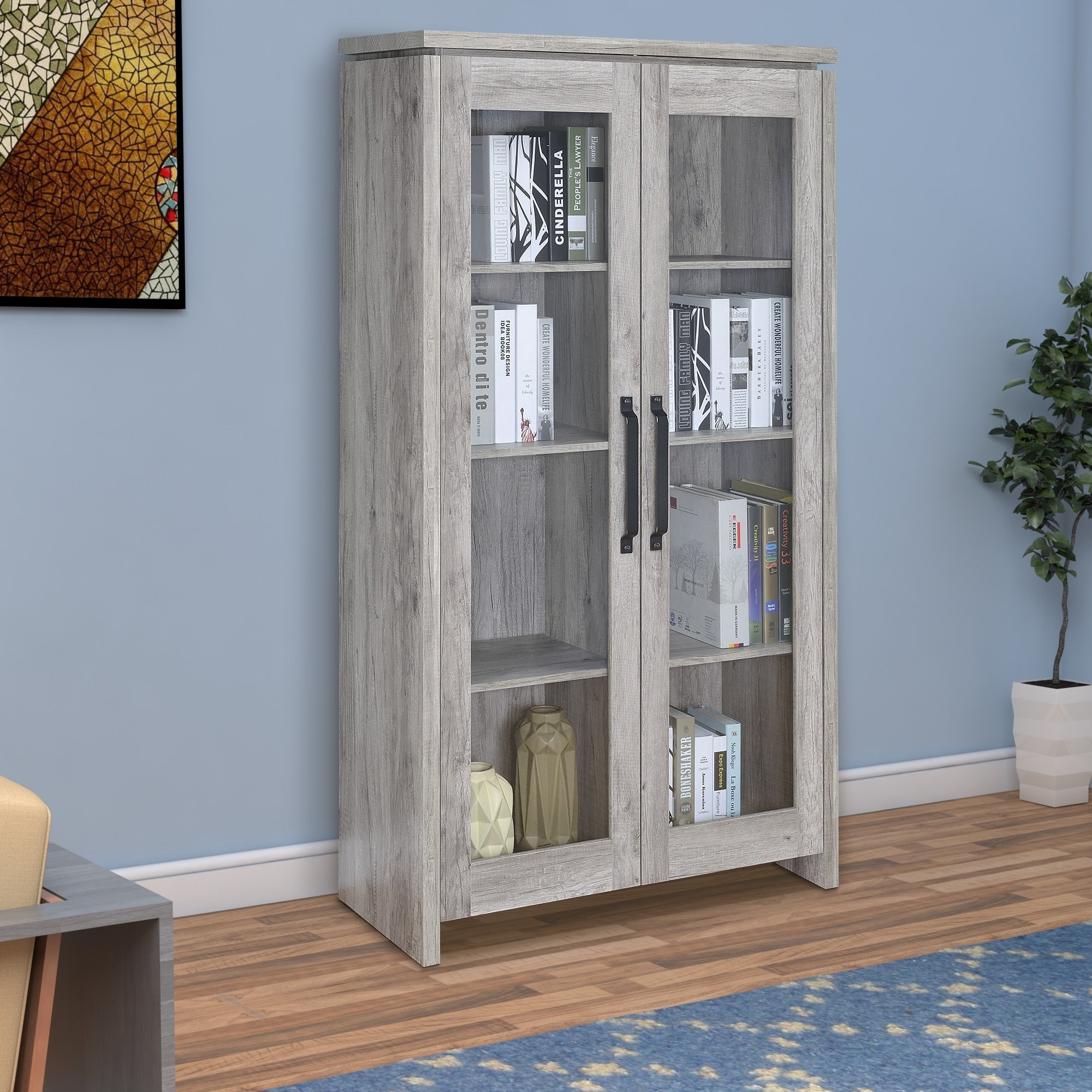 Spacious Wooden Curio Cabinet With Two Glass Doors Gray
