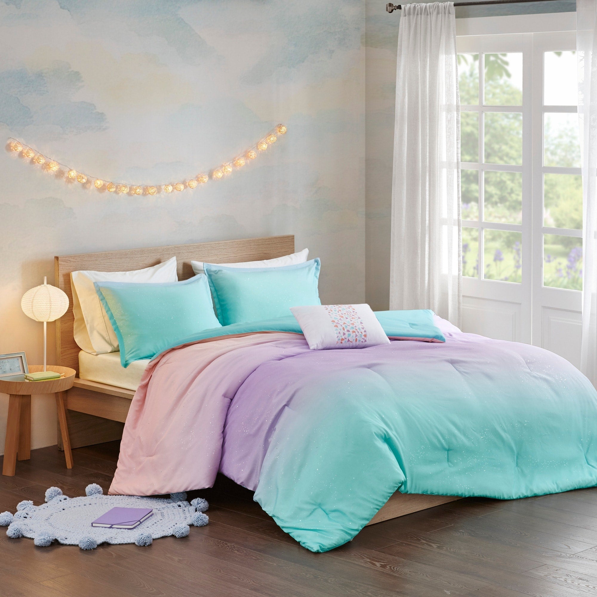 Mi Zone Sparkle Aqua Metallic Glitter Printed Reversible Comforter Set